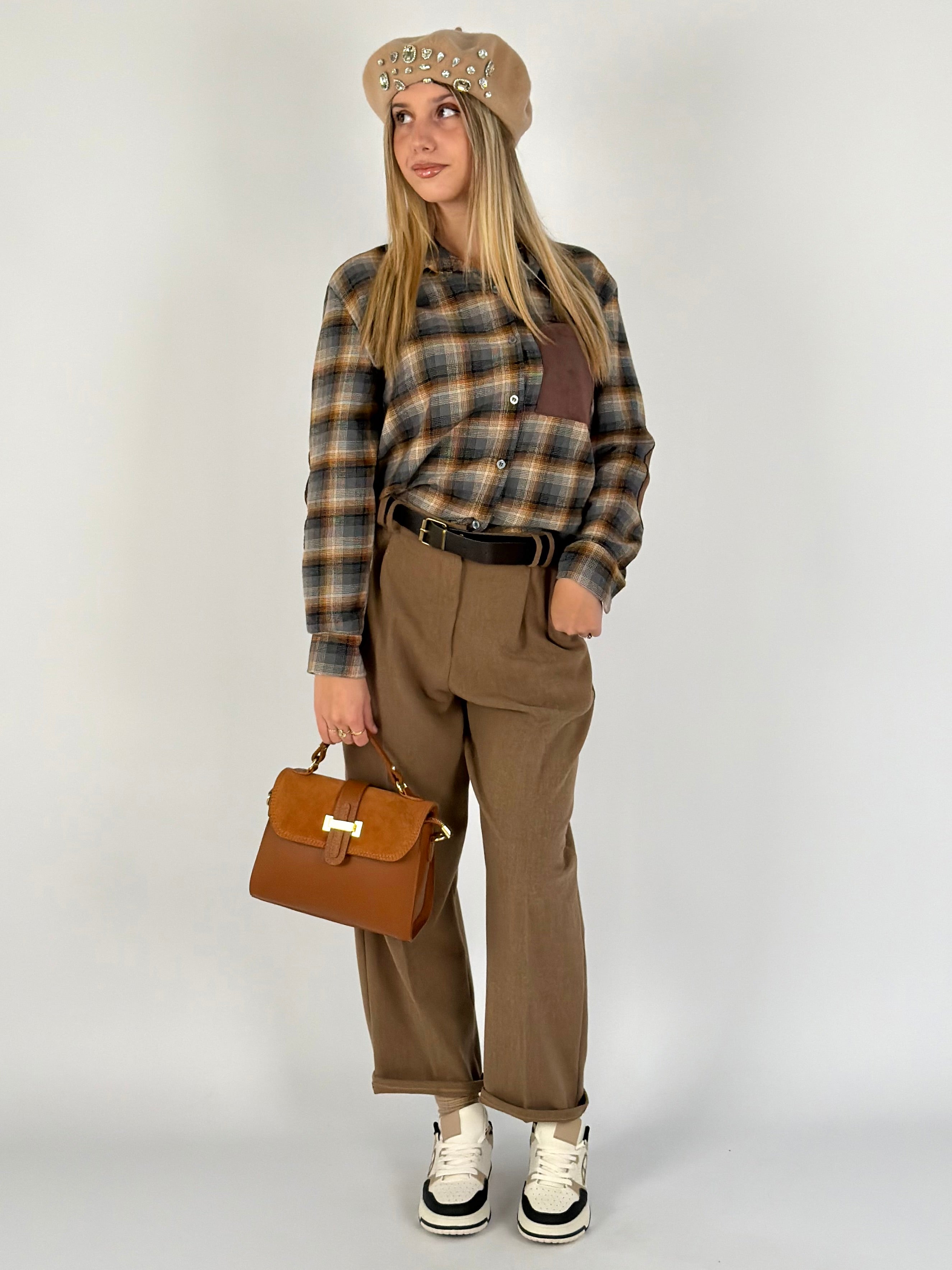 Camicia check taschino scamosciato marrone