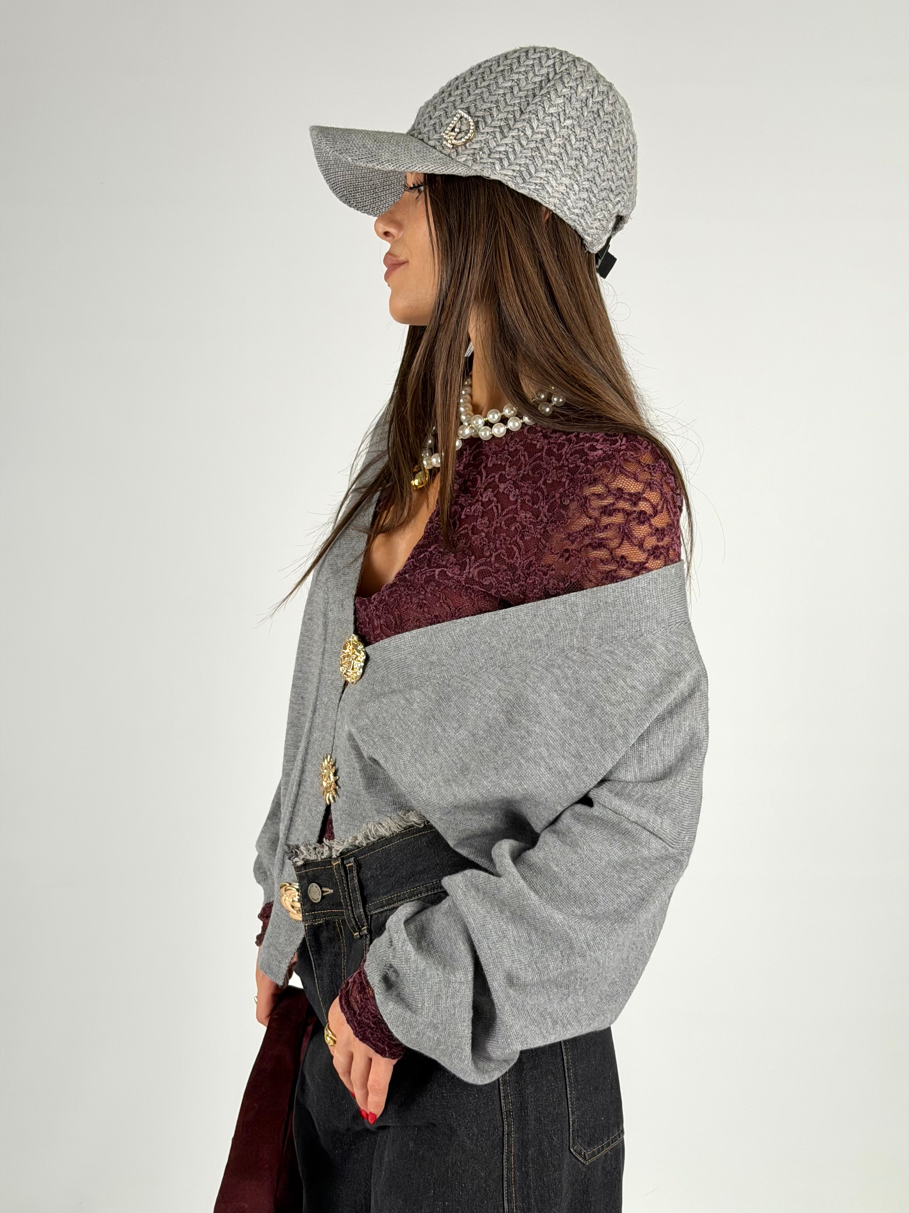 Cardigan bottoni gioiello grigio