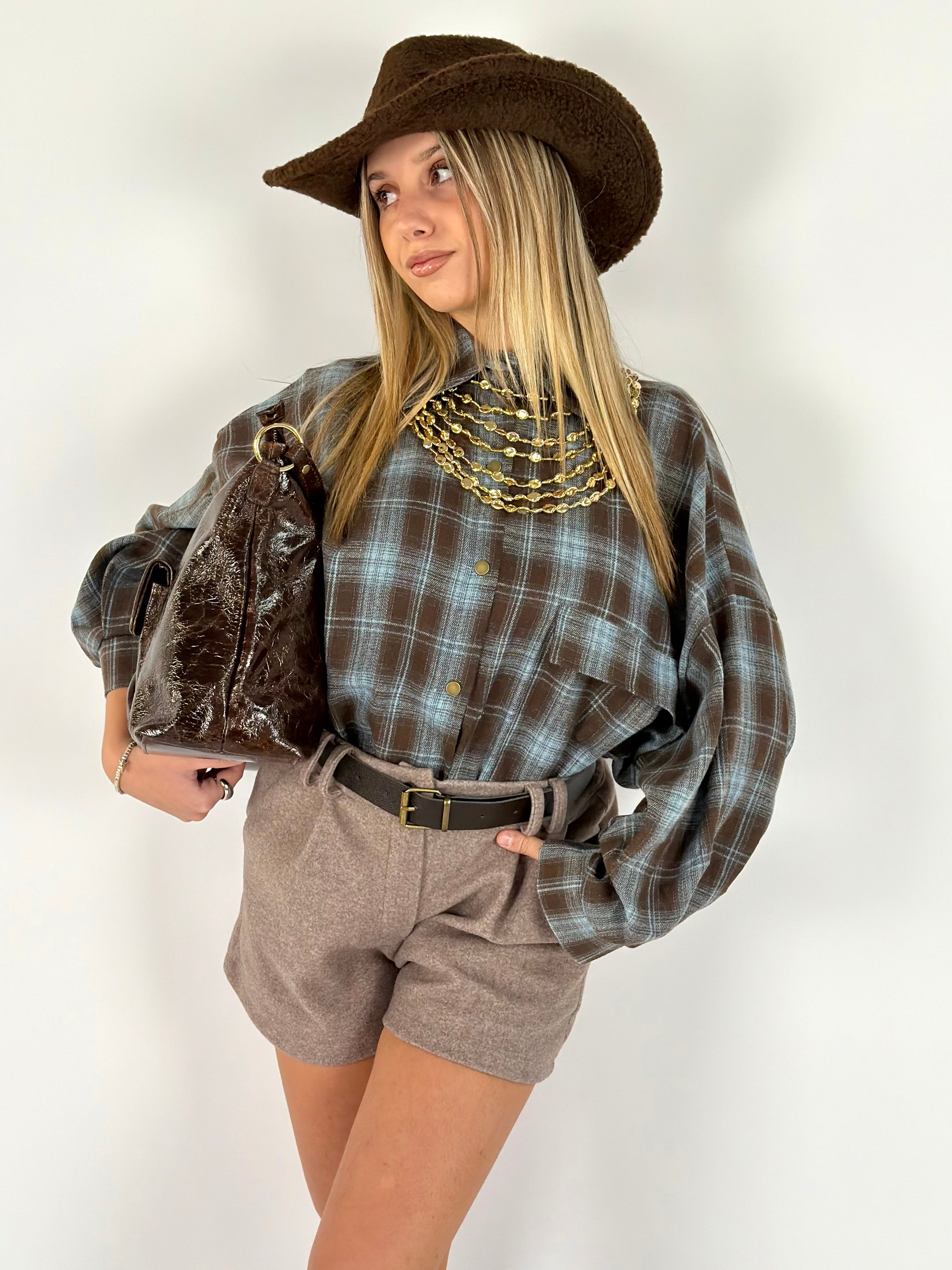 Camicia check Greta celeste