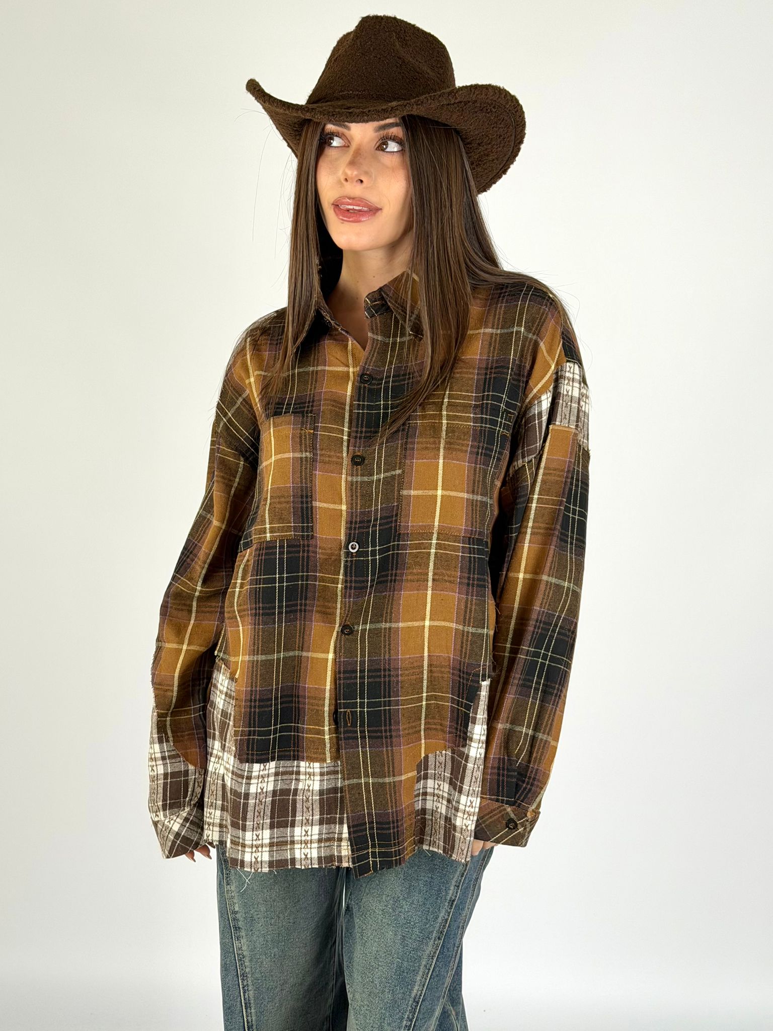 Camicia check doppia fantasia tabacco