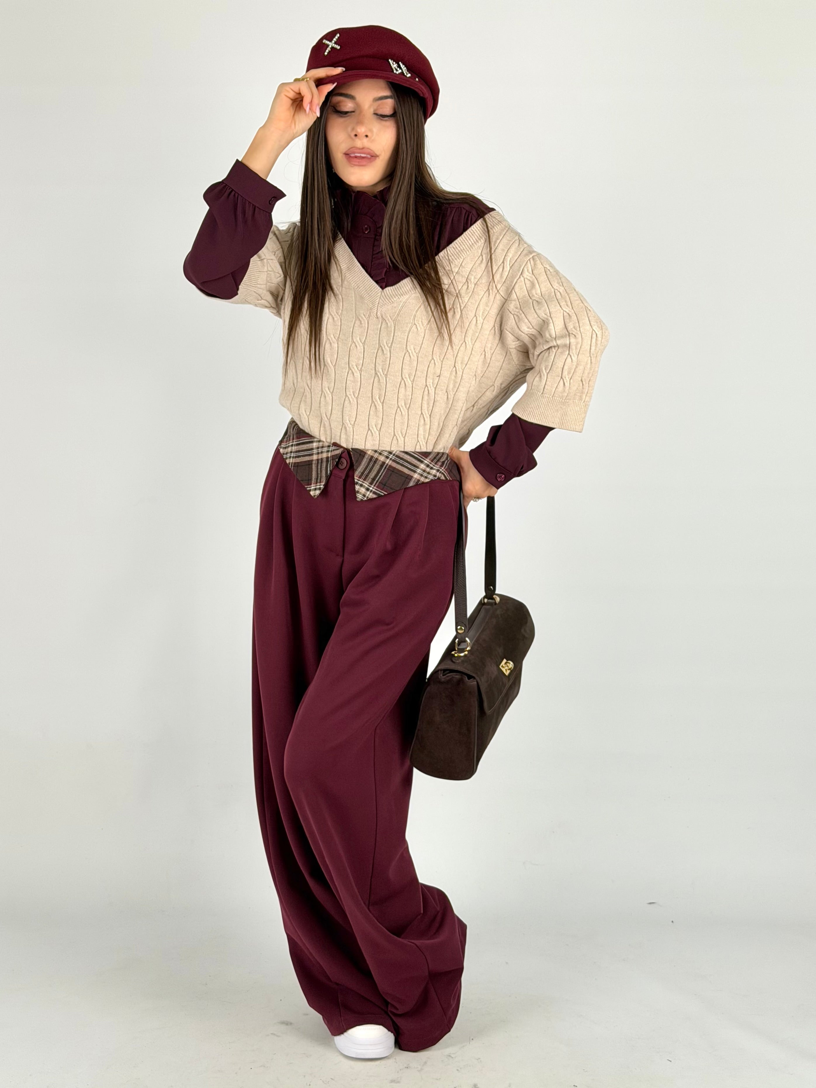 Pantalone risvolto check bordeaux