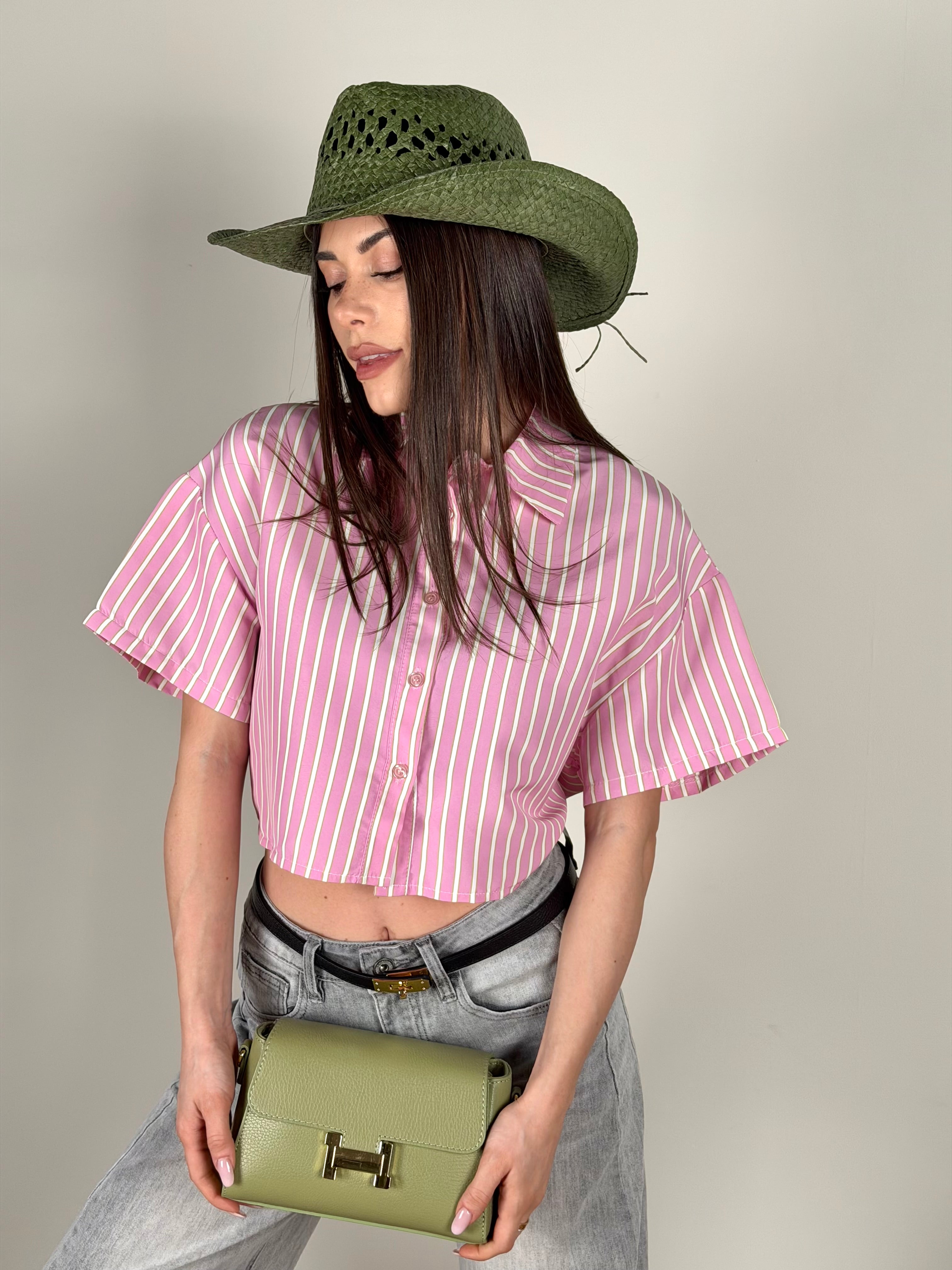 Camicia gessata fiocco rosa
