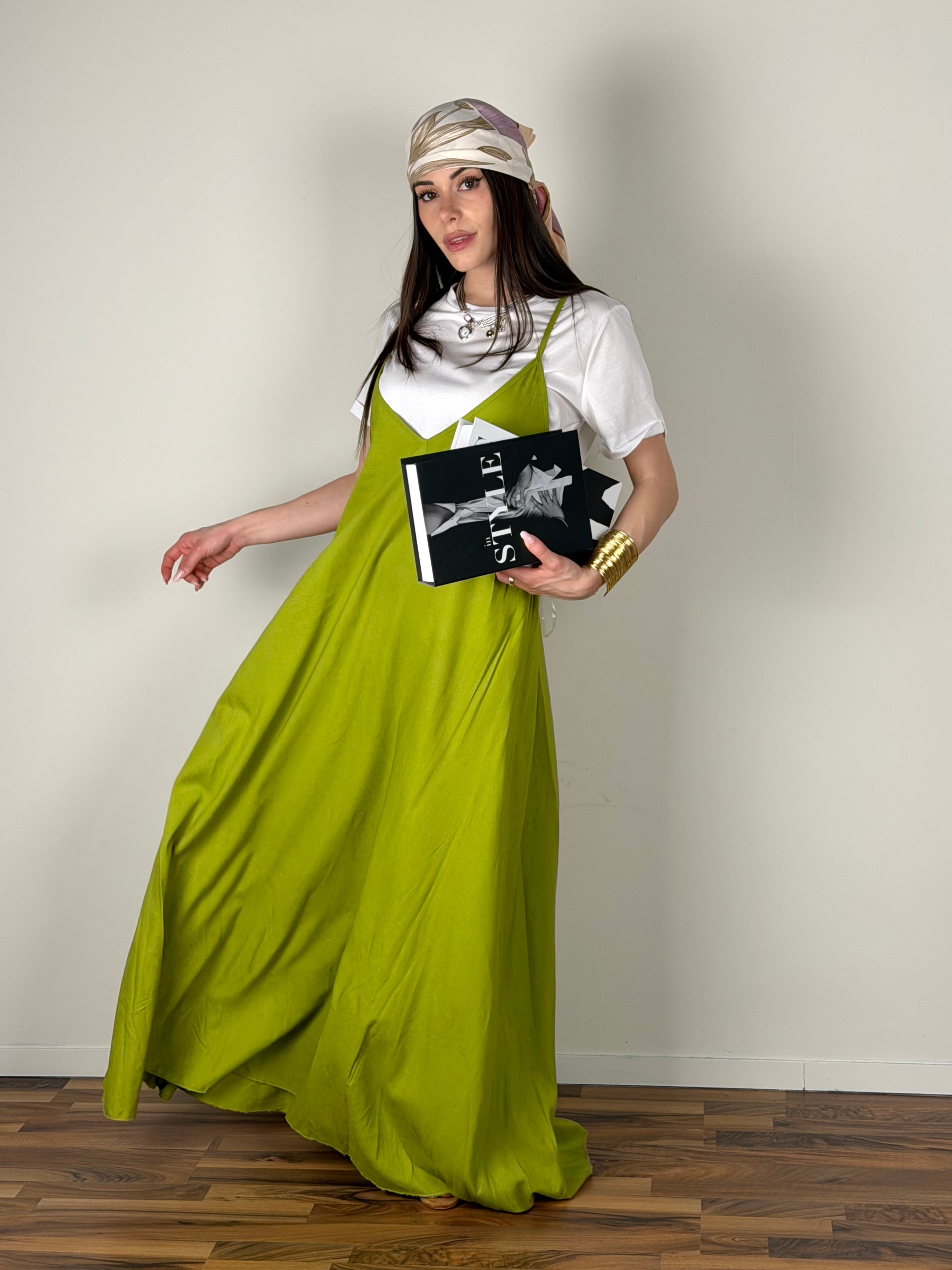 Abito Lino incrocio schiena verde