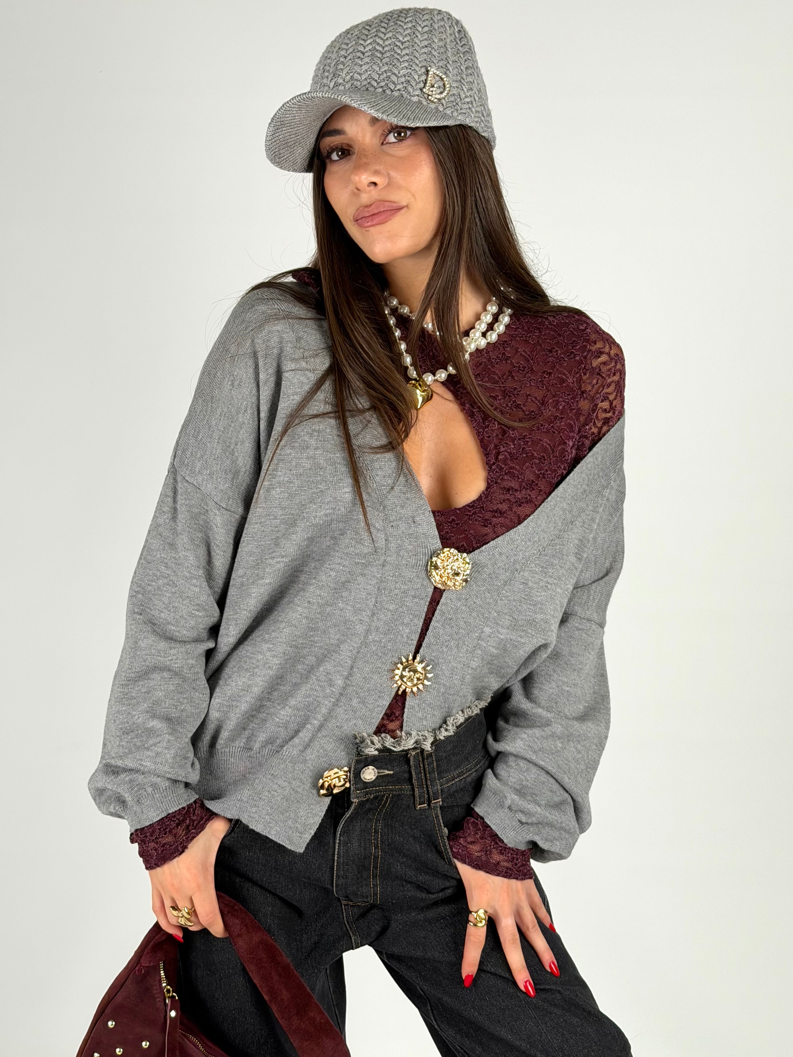 Cardigan bottoni gioiello grigio