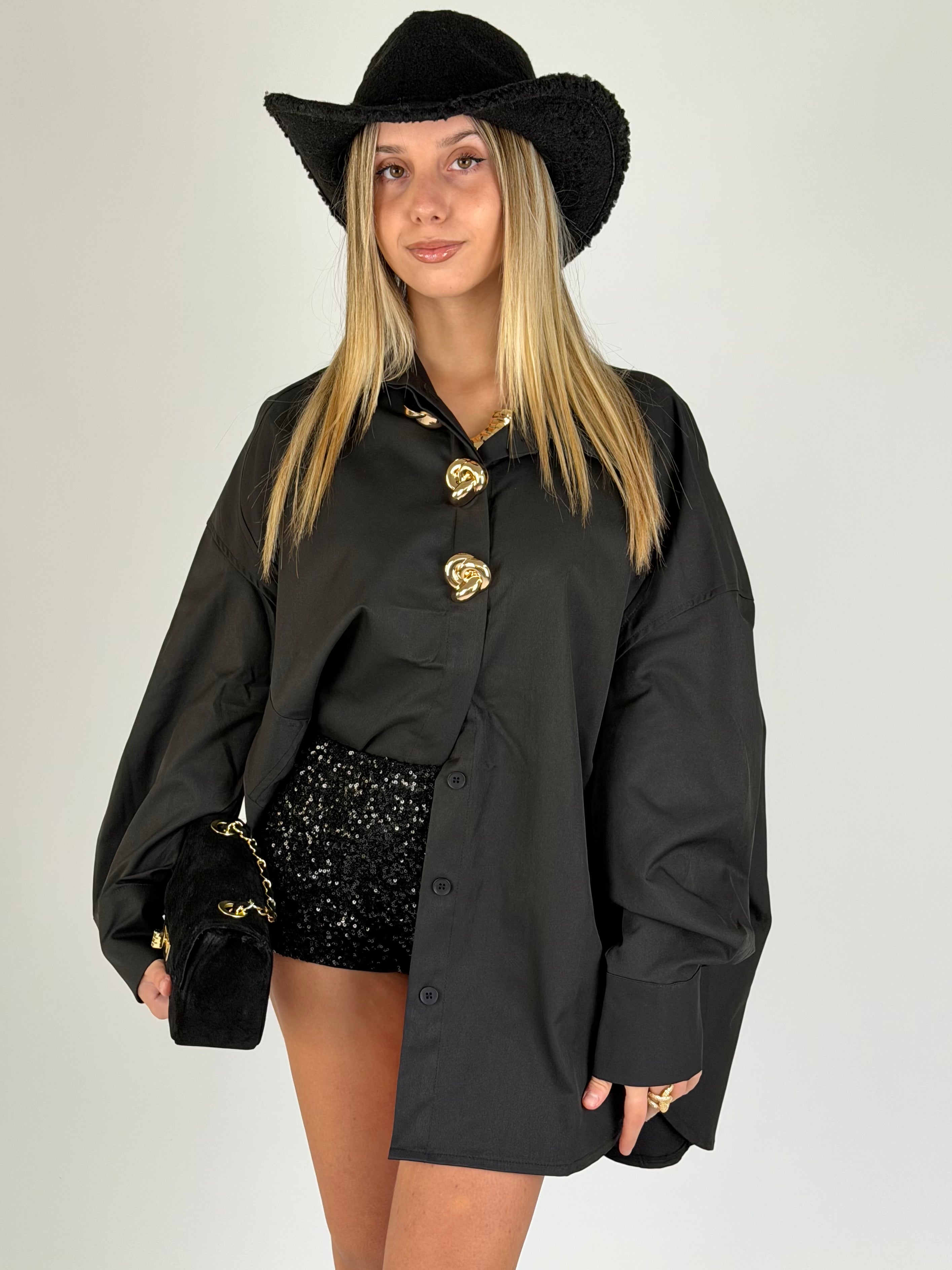 Maxi Camicia applicazioni gioiello nera
