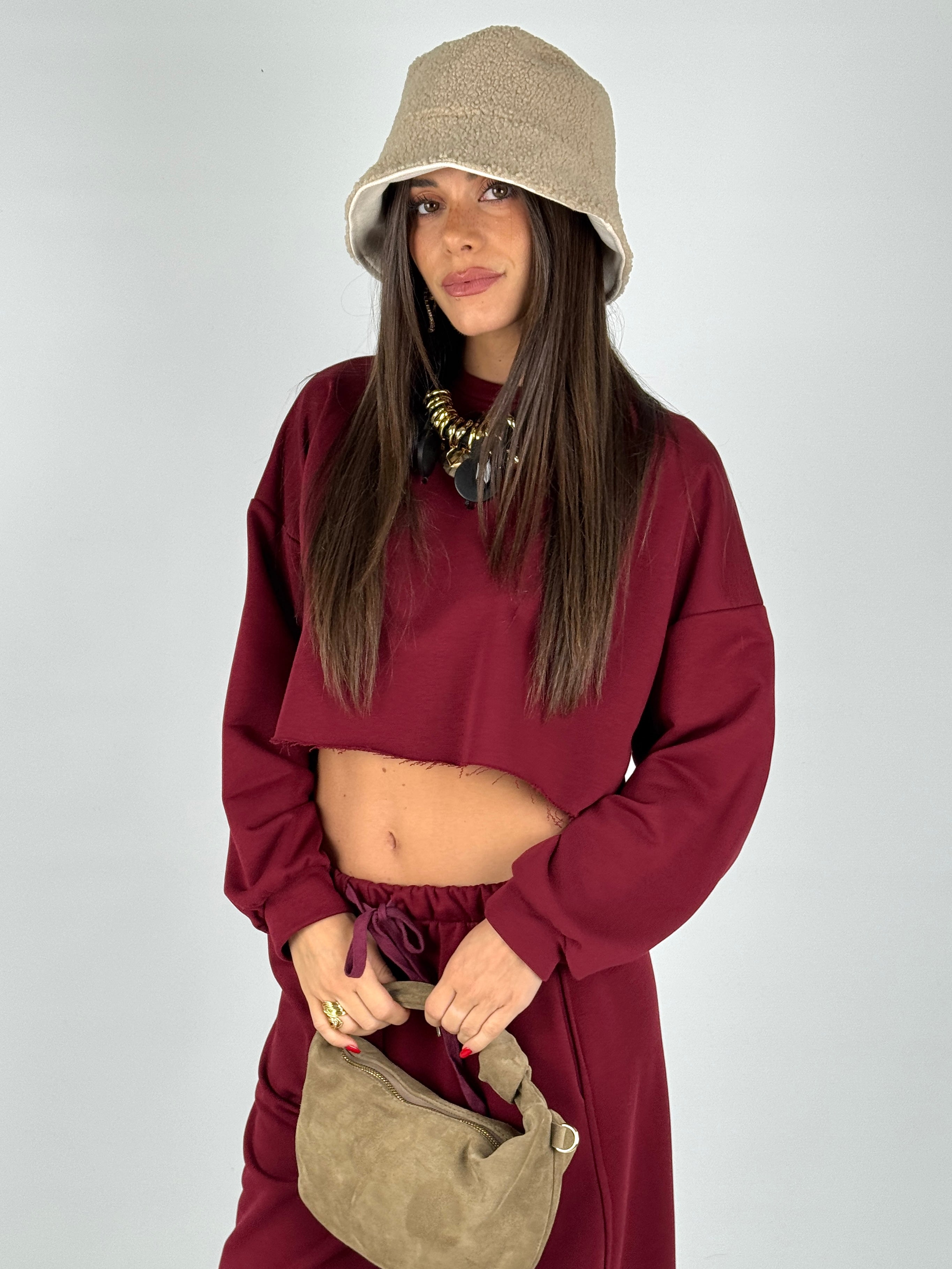 Felpa tuta sportiva crop bordeaux