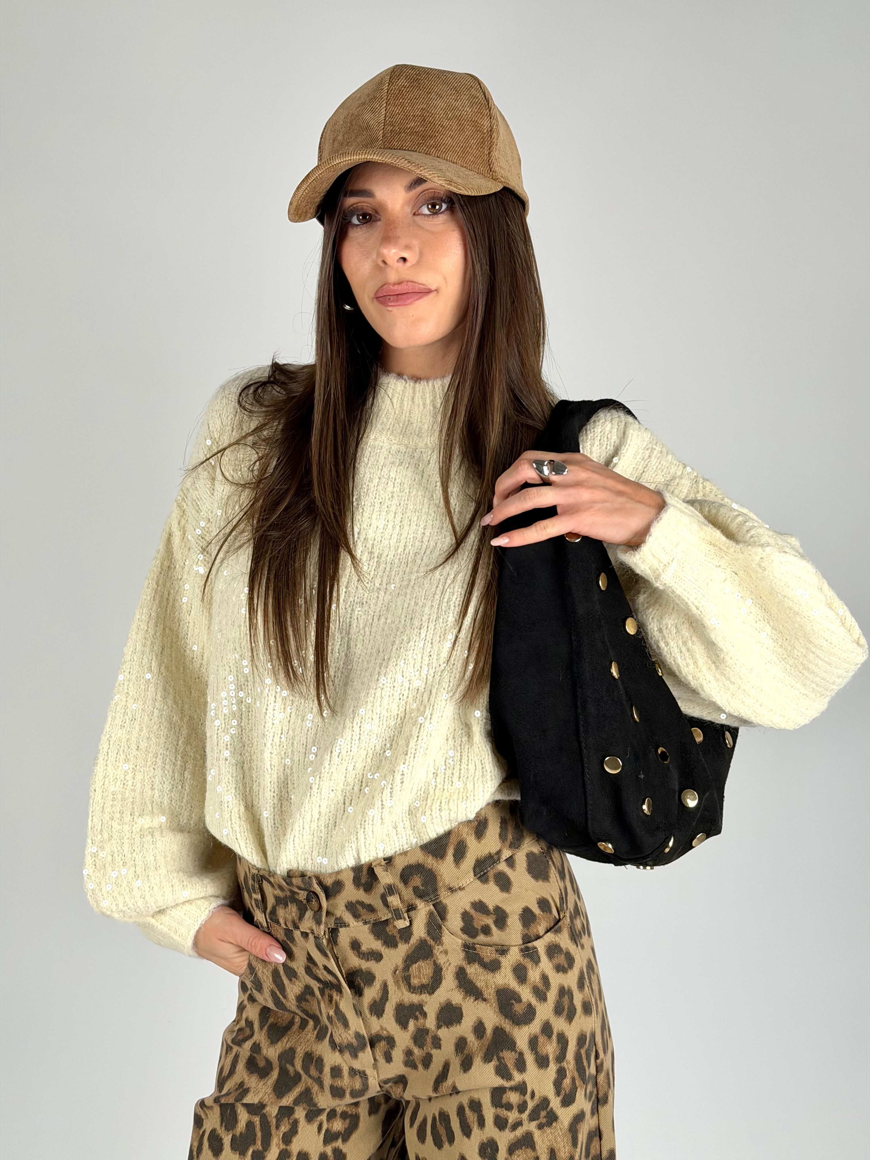 Maglia paillettes panna