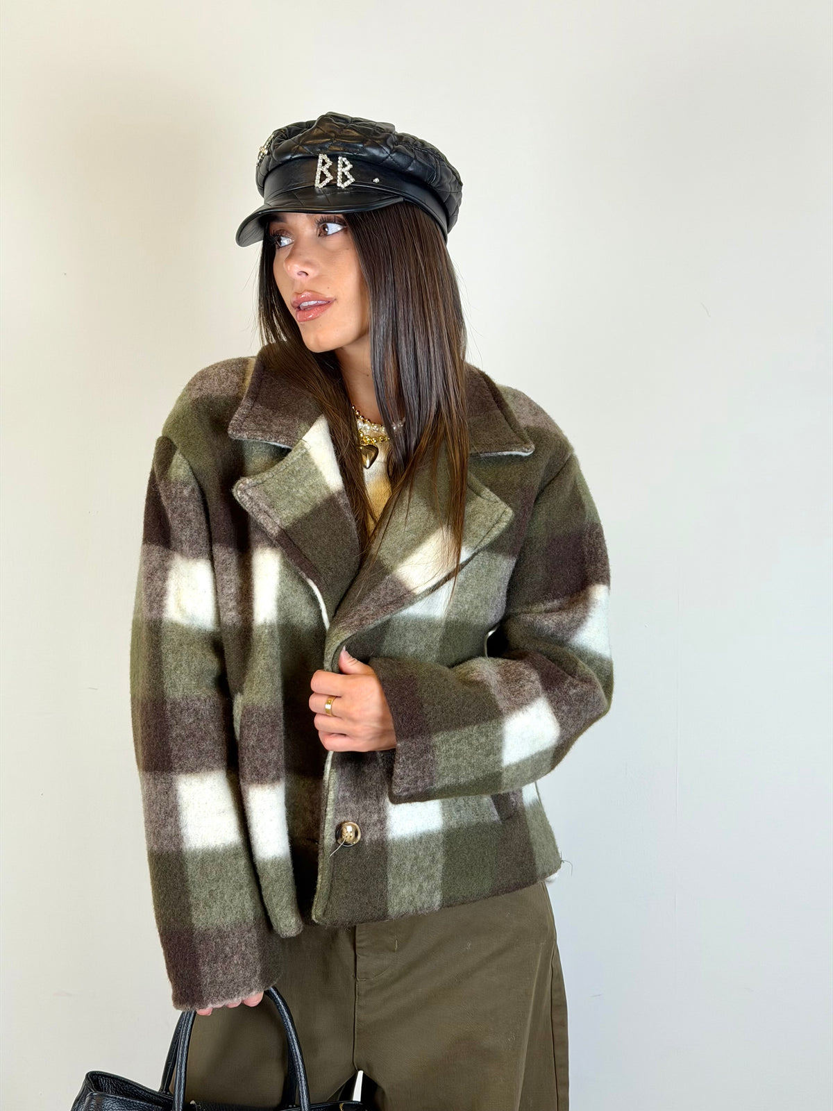 Cappotto crop Check verde