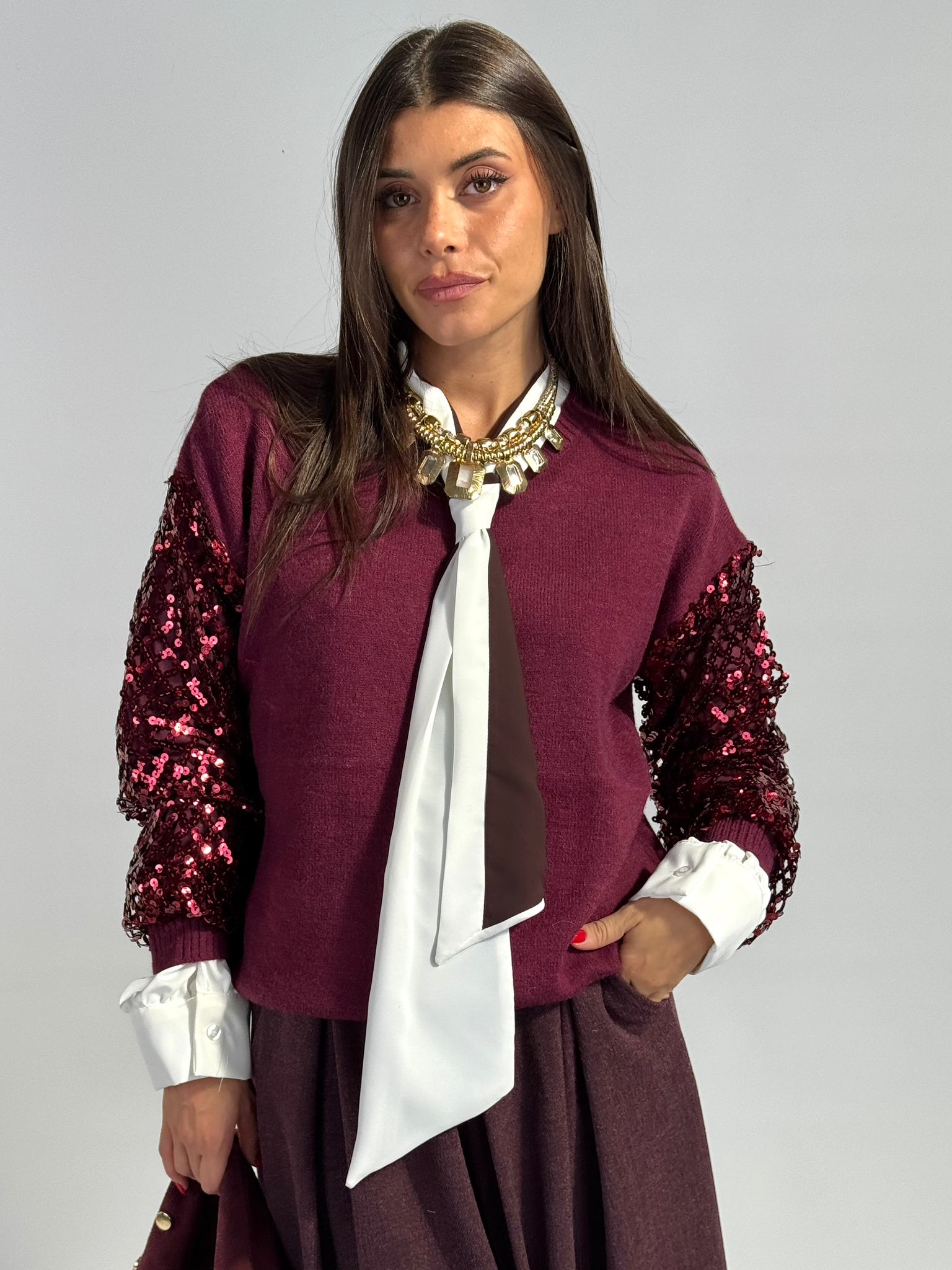 Maglioncino maniche paillettes bordeaux