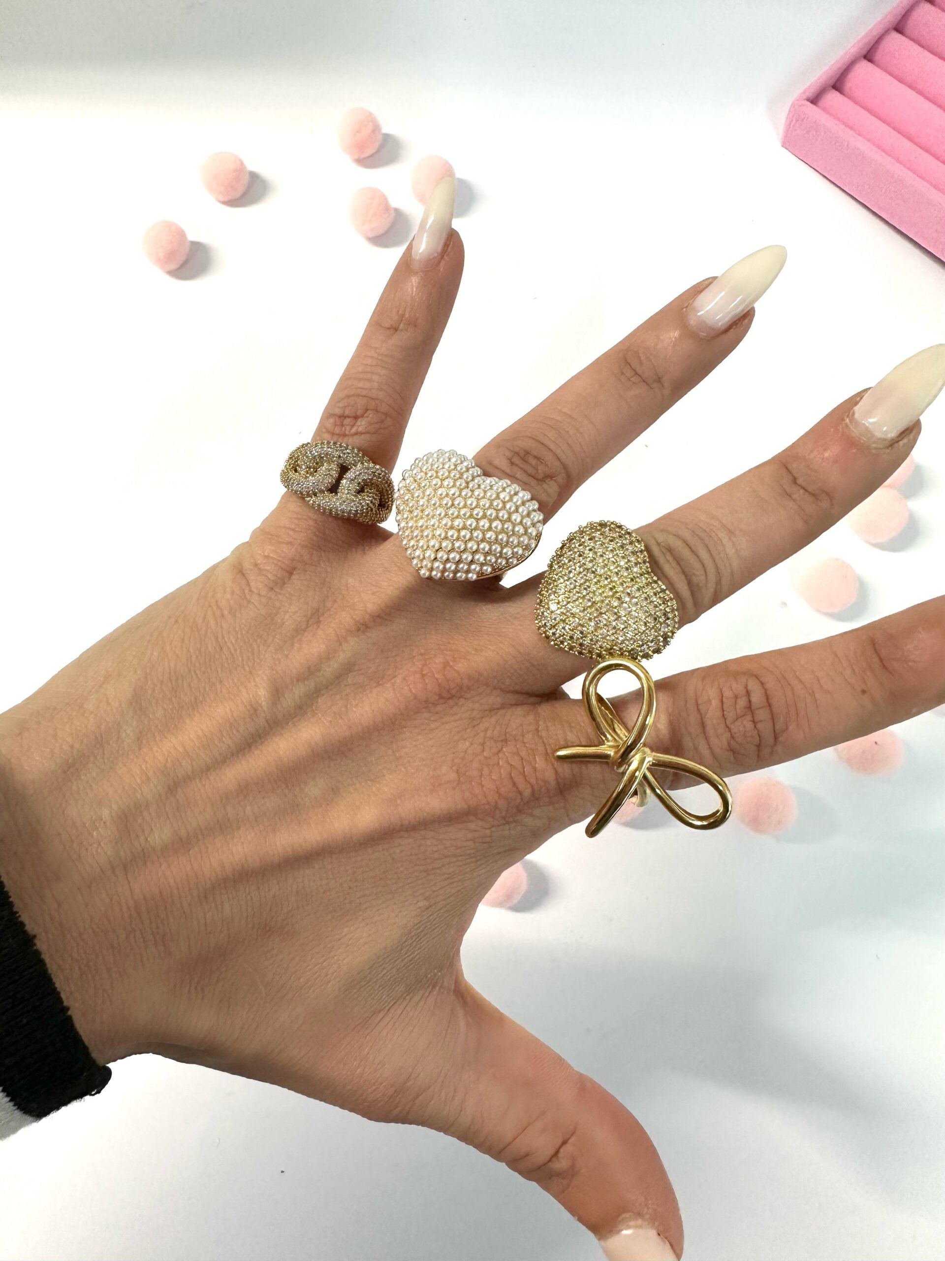 Anello maxi cuore perle