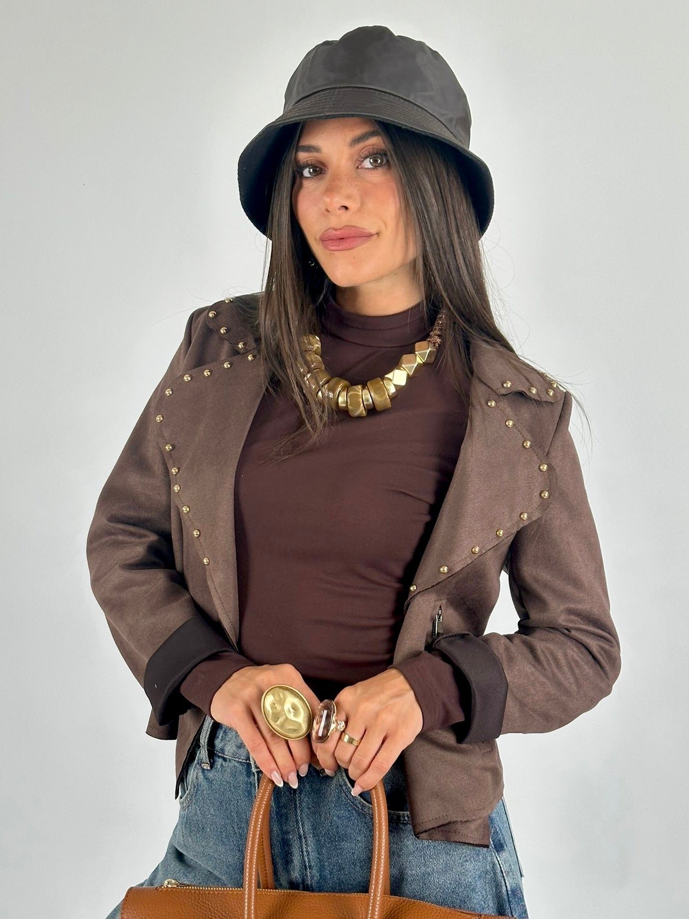 Chiodo scamosciato borchie marrone