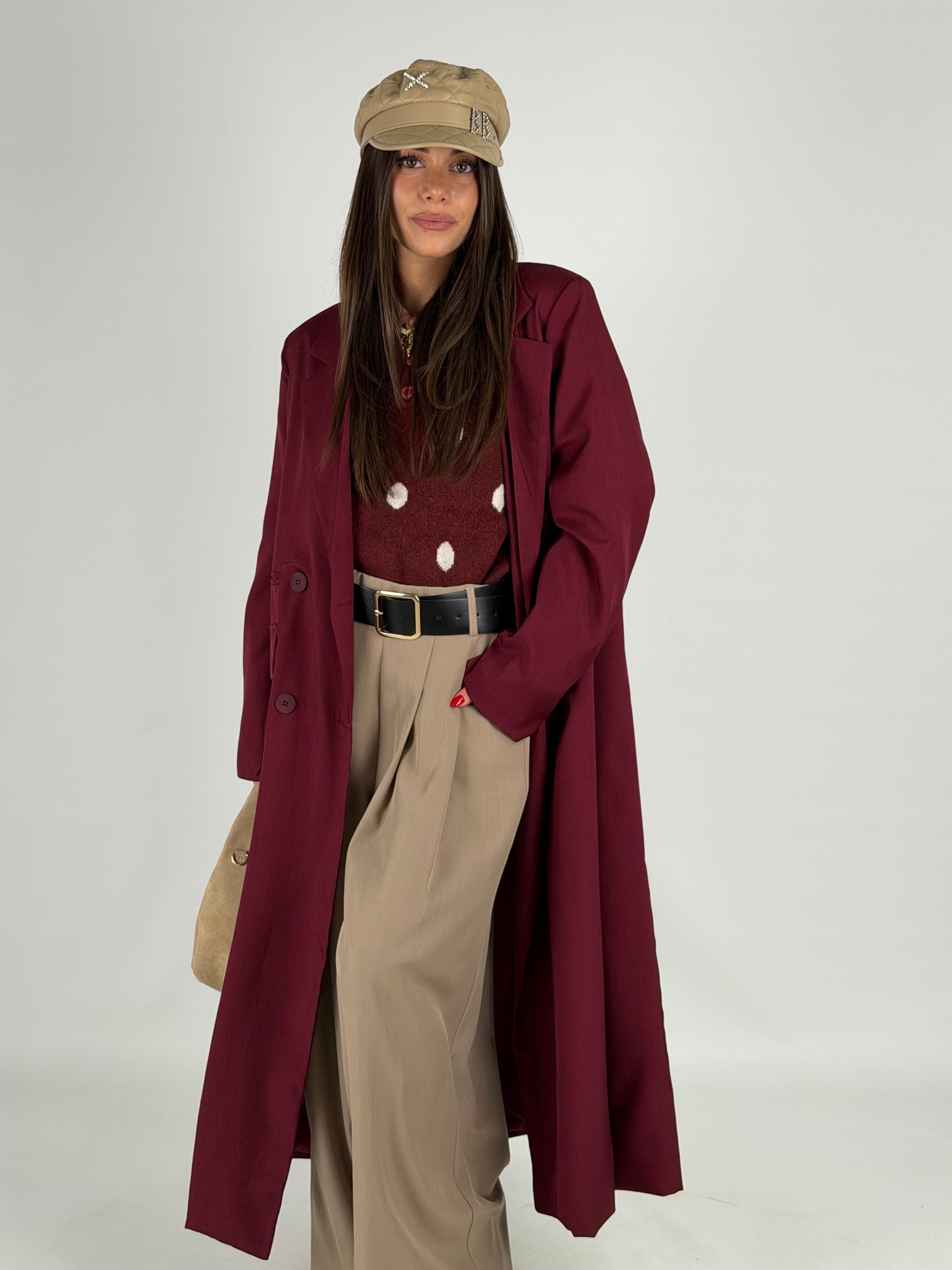 Cappotto lungo doppio petto bordeaux