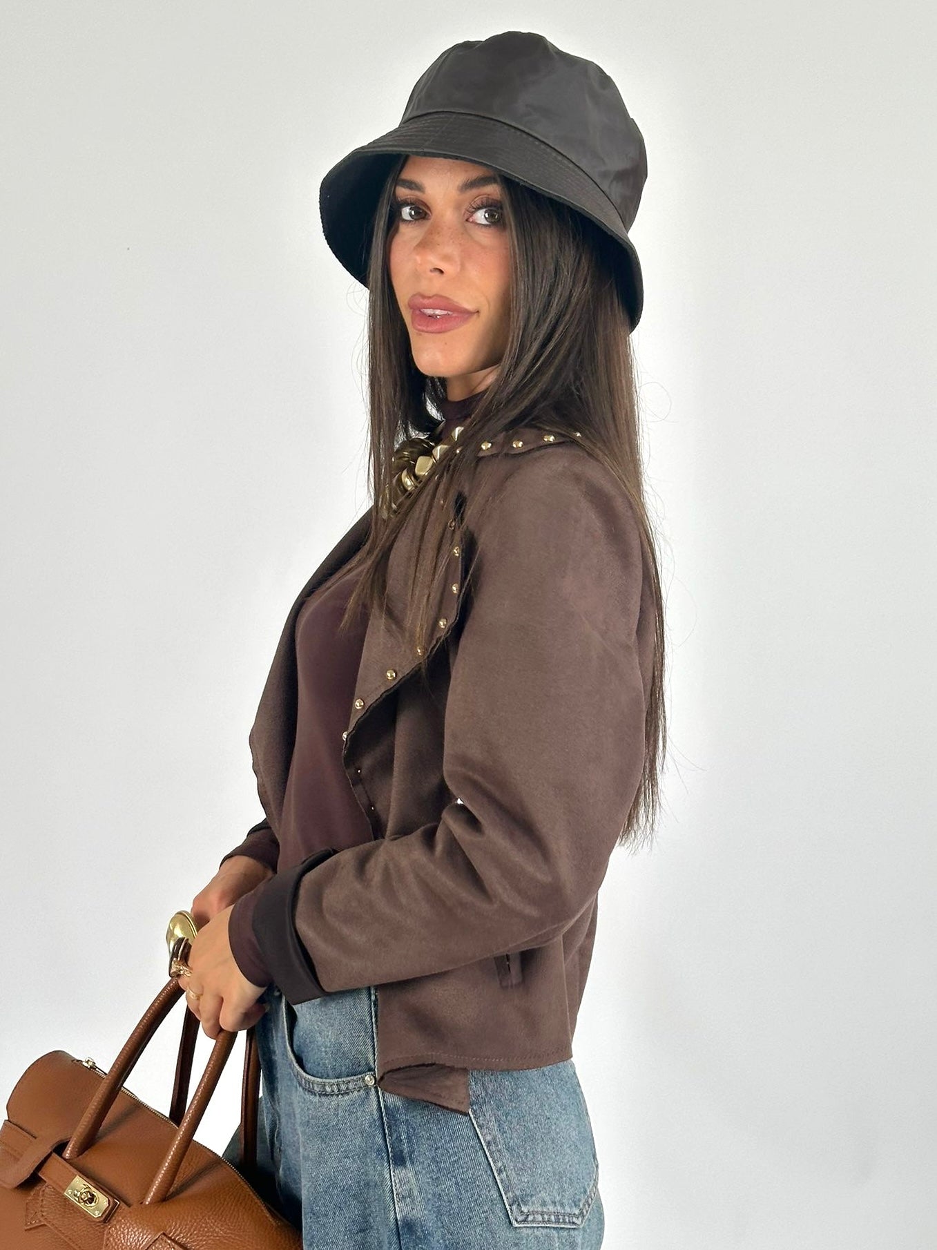 Chiodo scamosciato borchie marrone