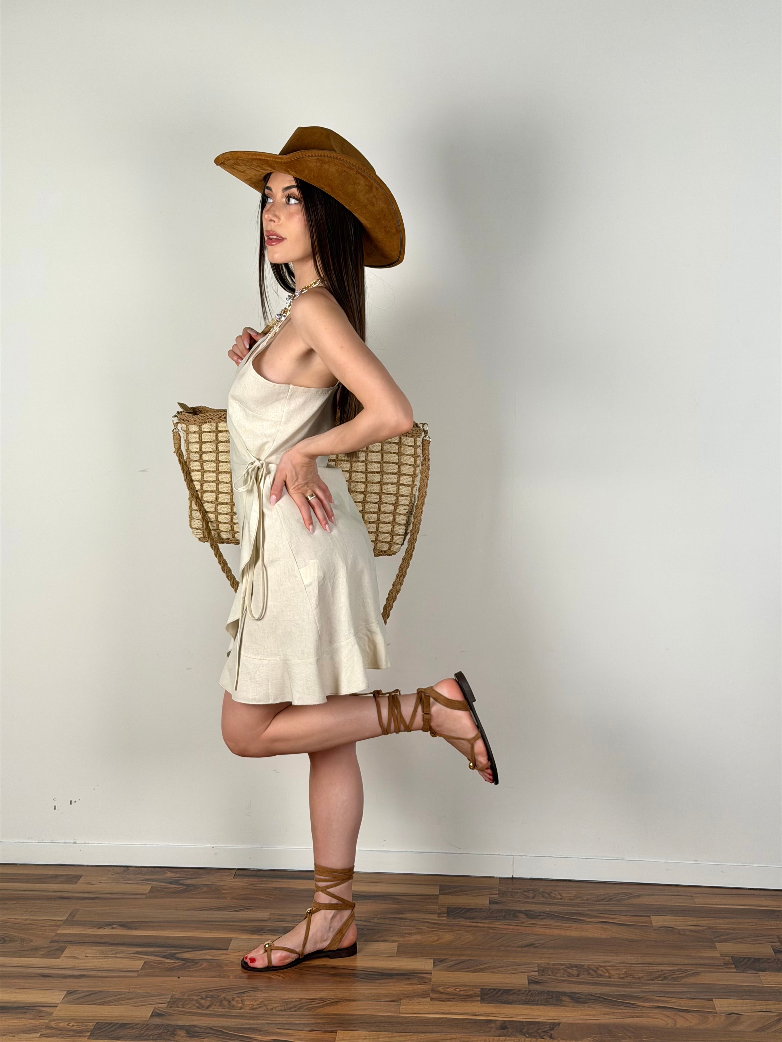 Abito lino portafoglio beige
