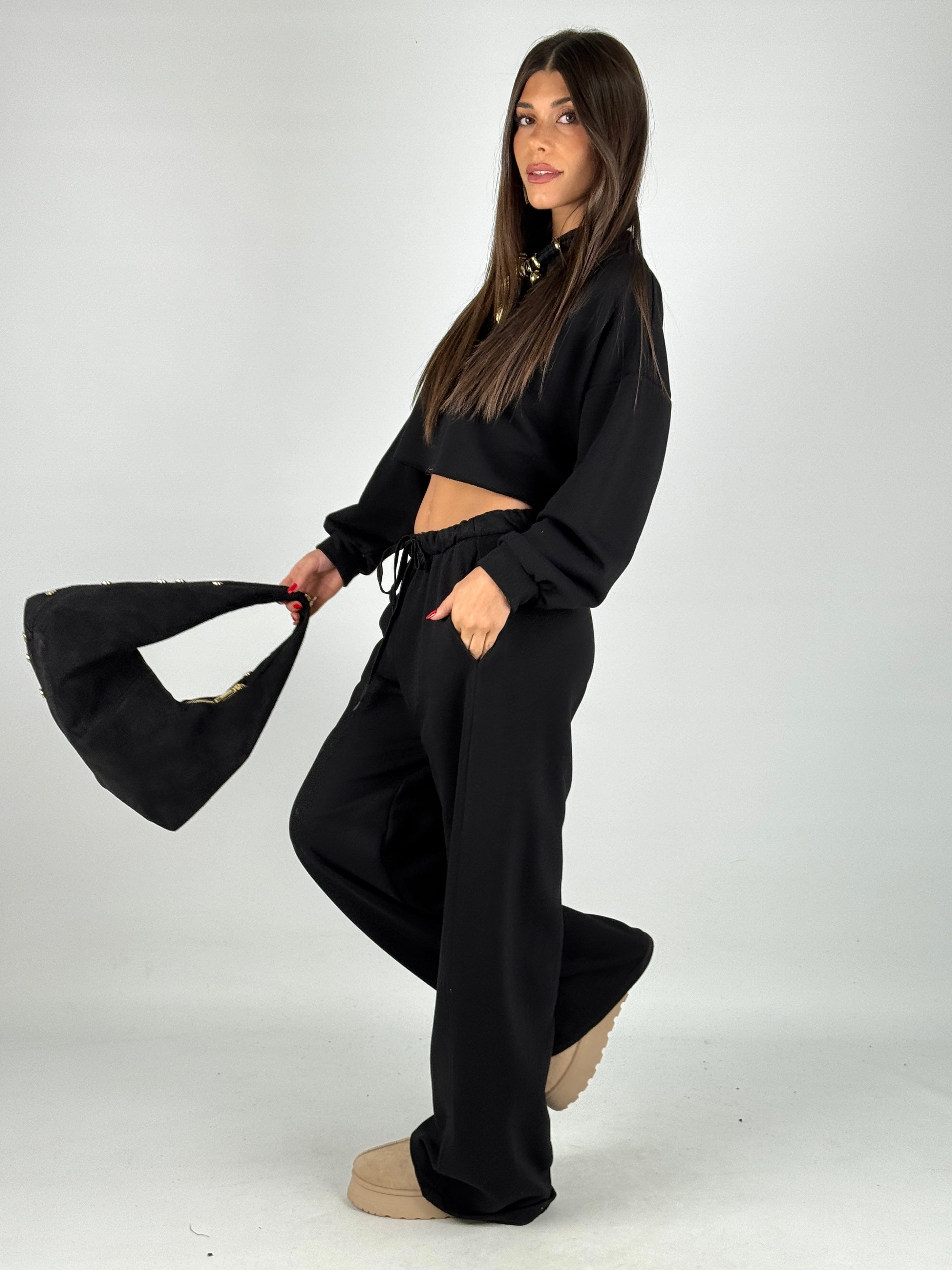 Felpa tuta sportiva crop nera