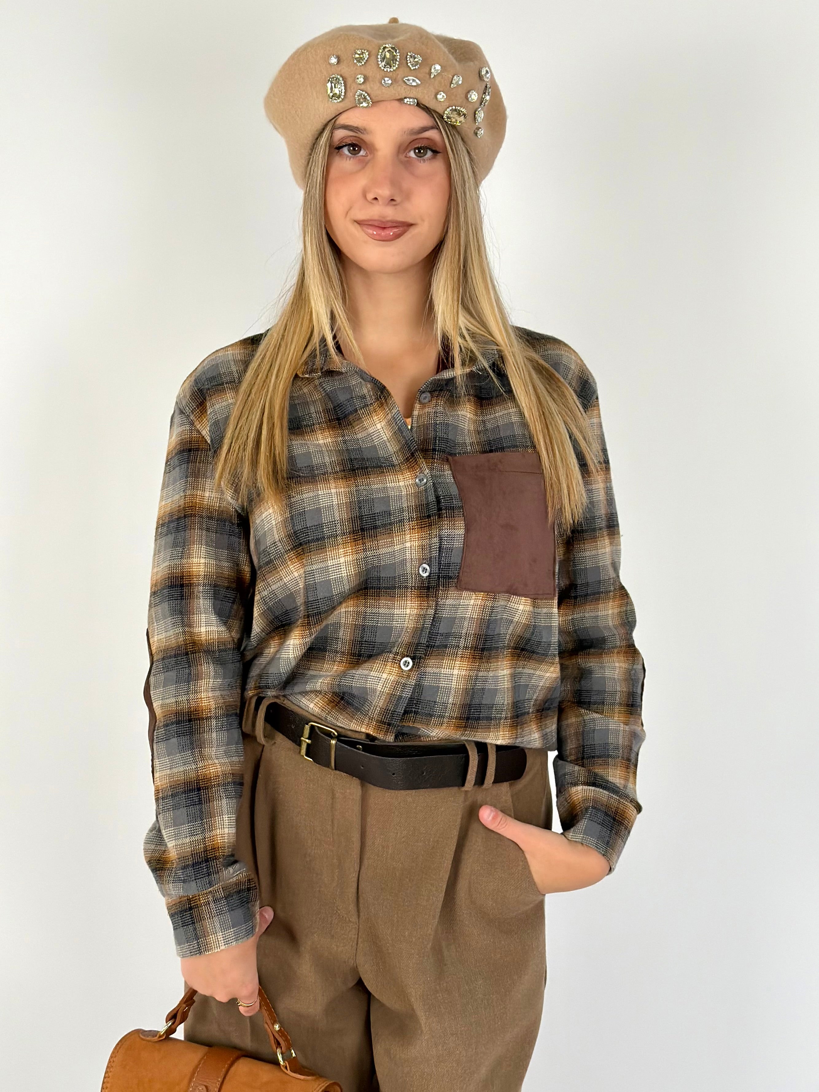 Camicia check taschino scamosciato marrone