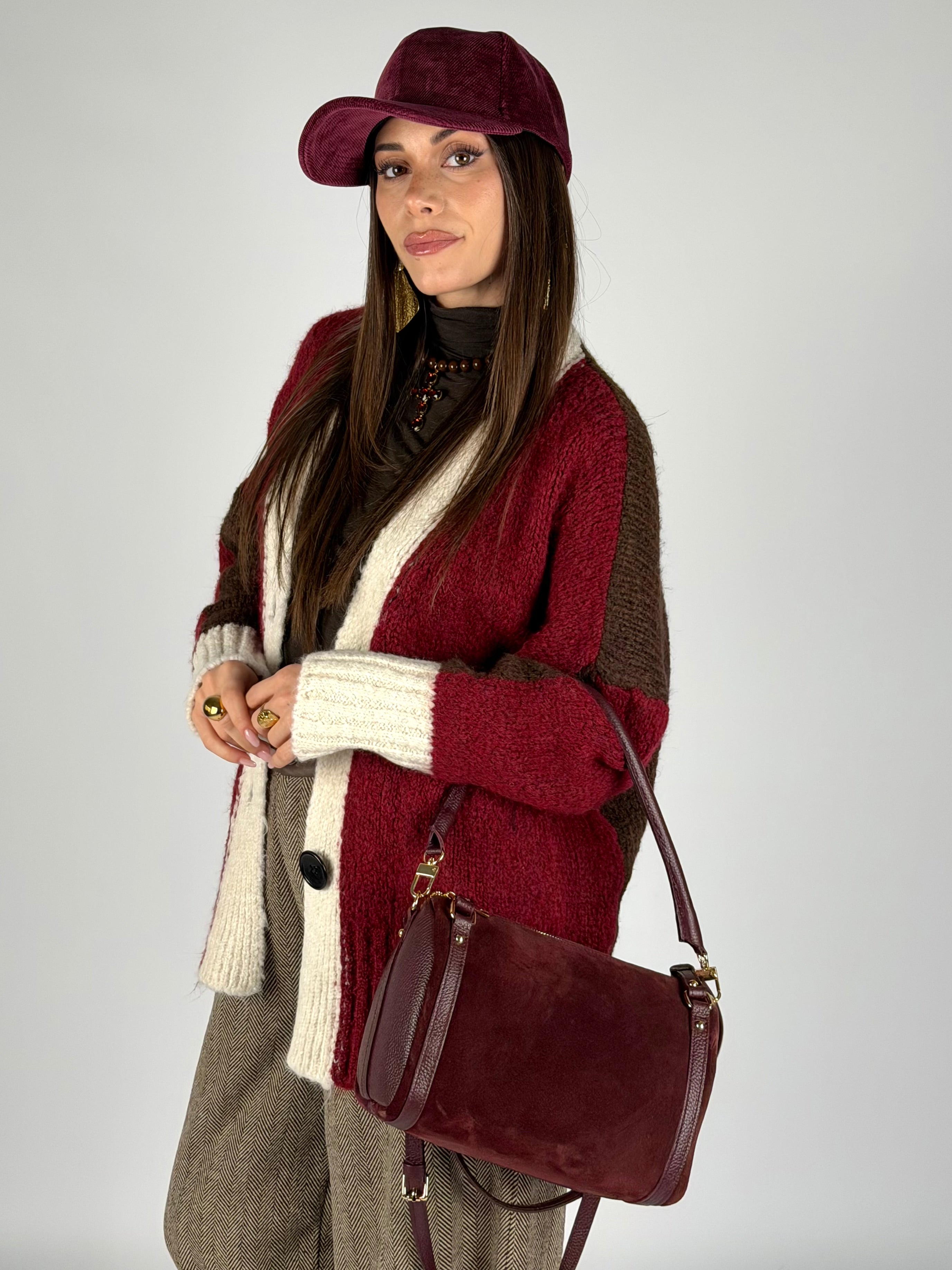 Cardigan due colori bordeaux