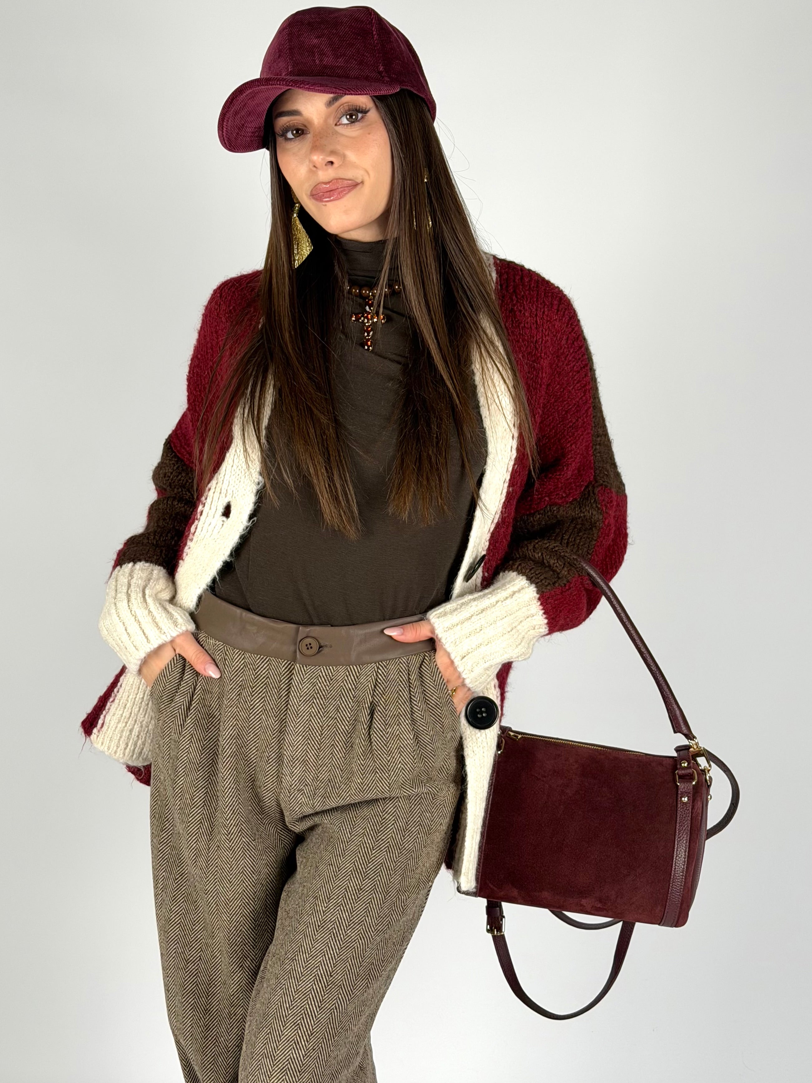 Cardigan due colori bordeaux