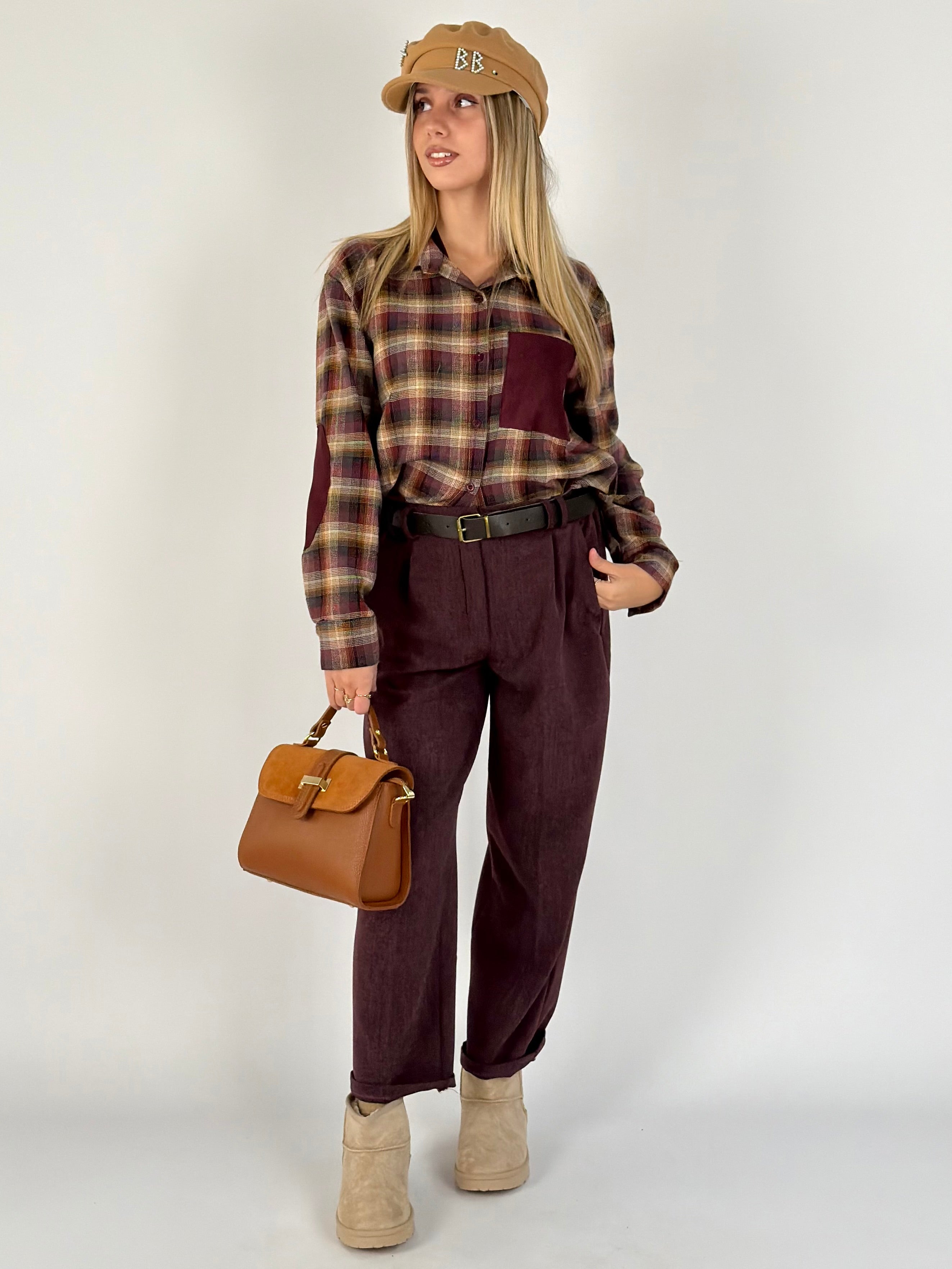 Camicia check taschino scamosciato bordeaux