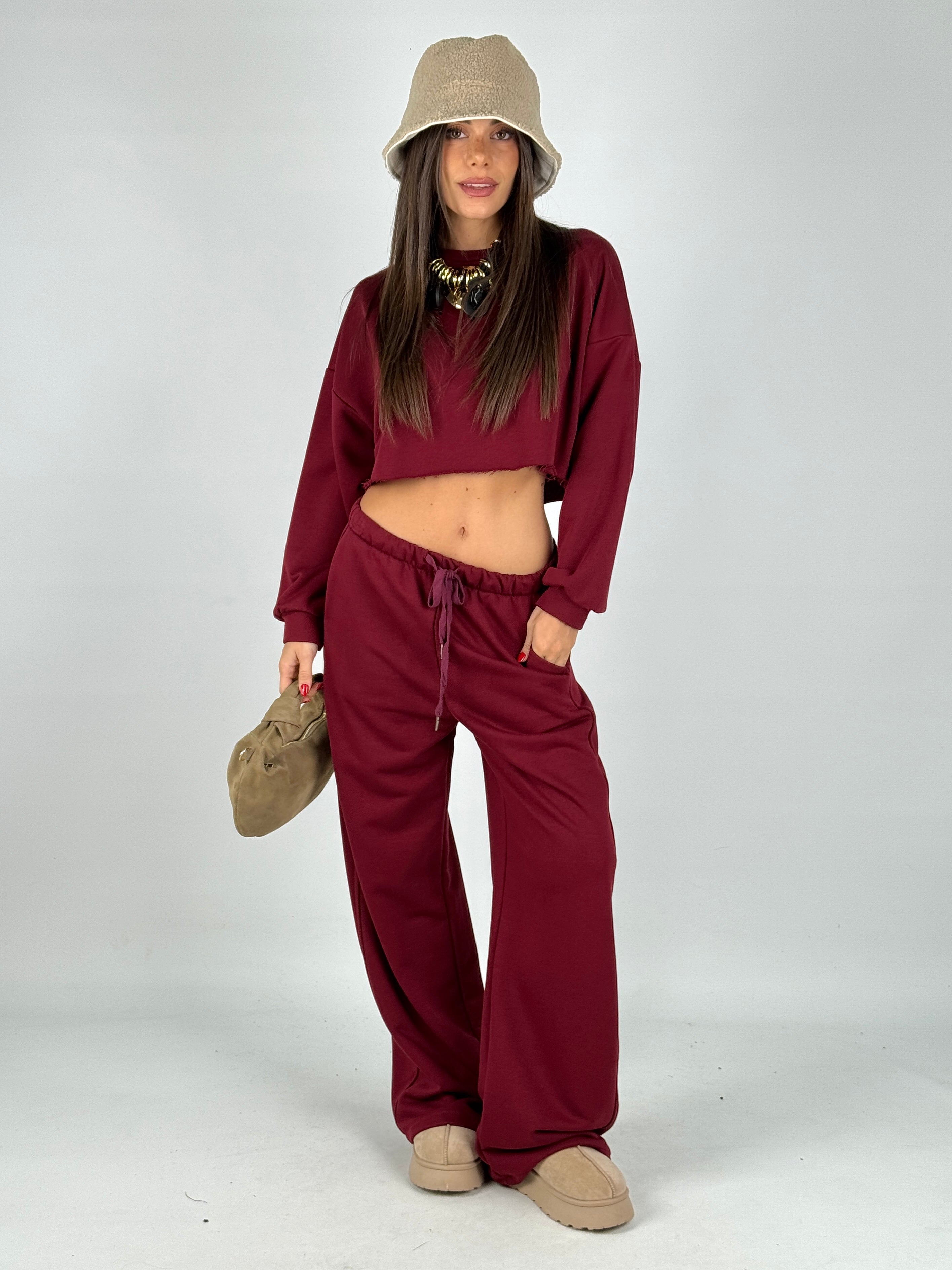 Felpa tuta sportiva crop bordeaux