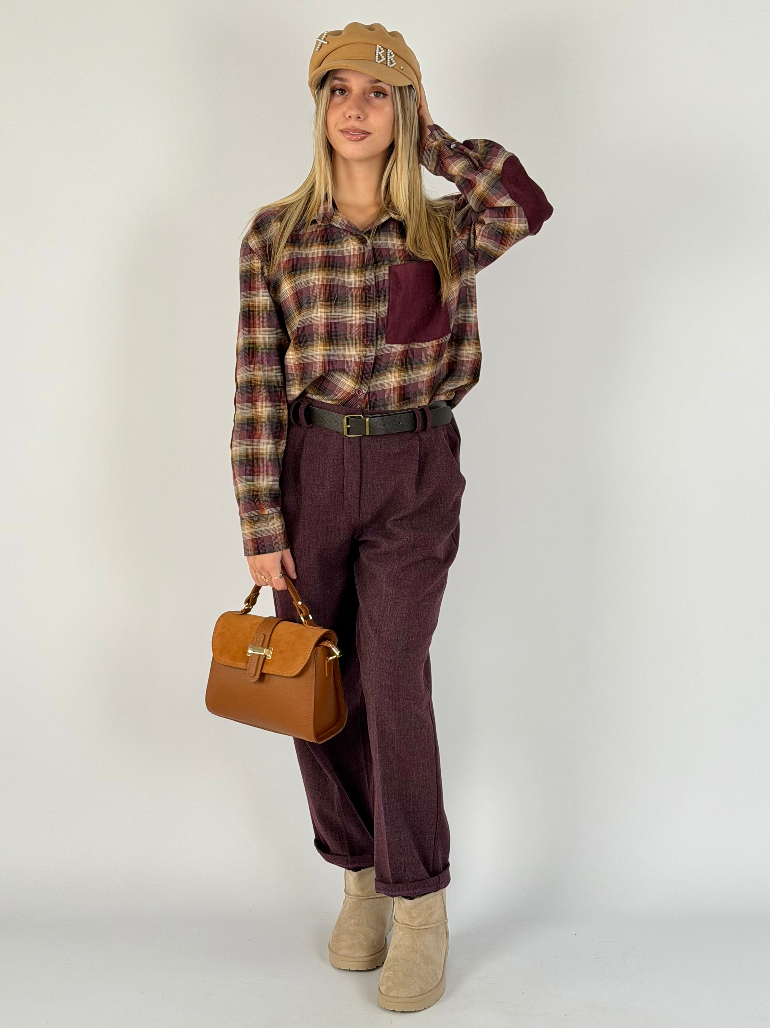 Camicia check taschino scamosciato bordeaux