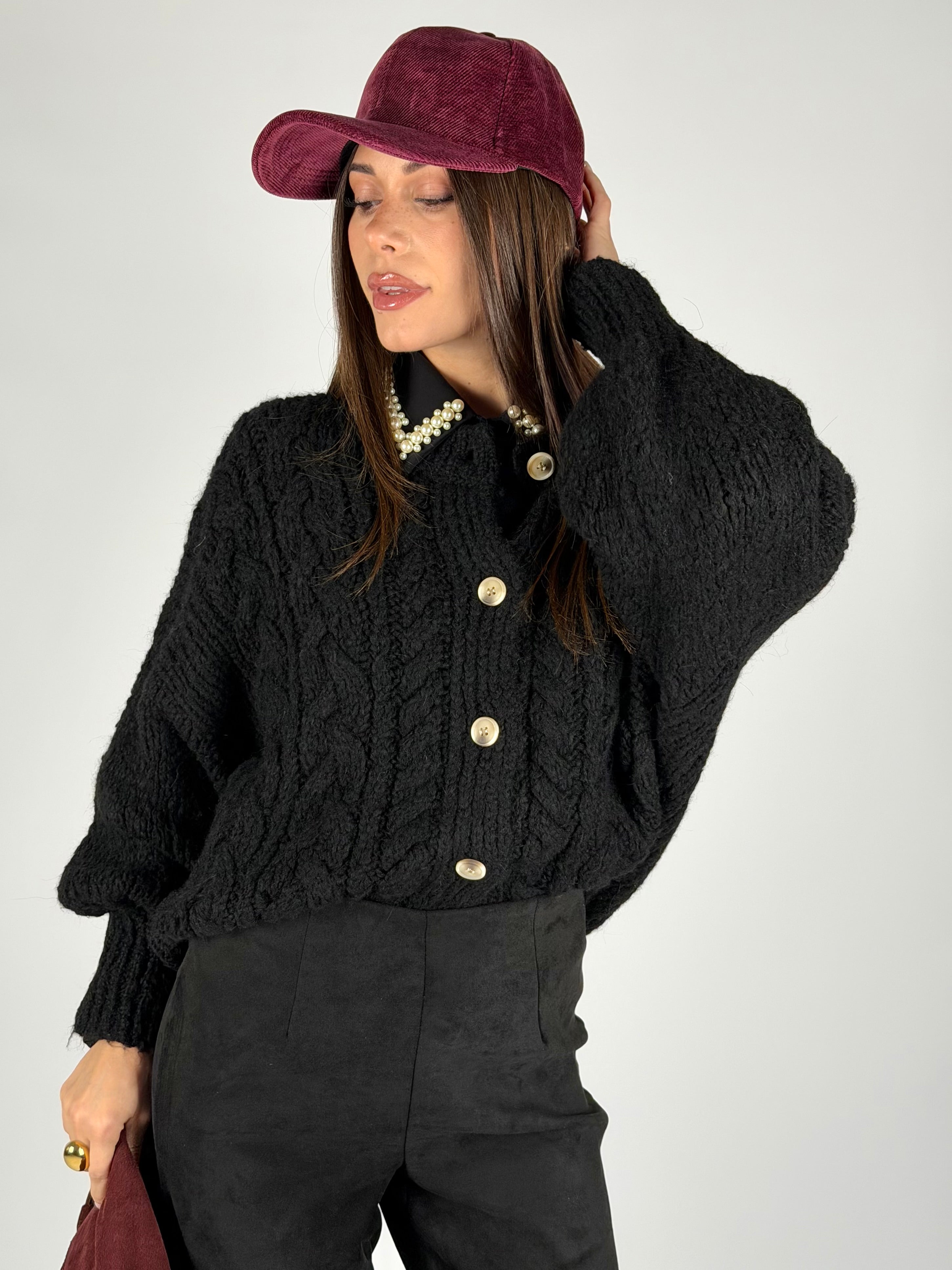 Maglia Cardigan bottoni treccia nero