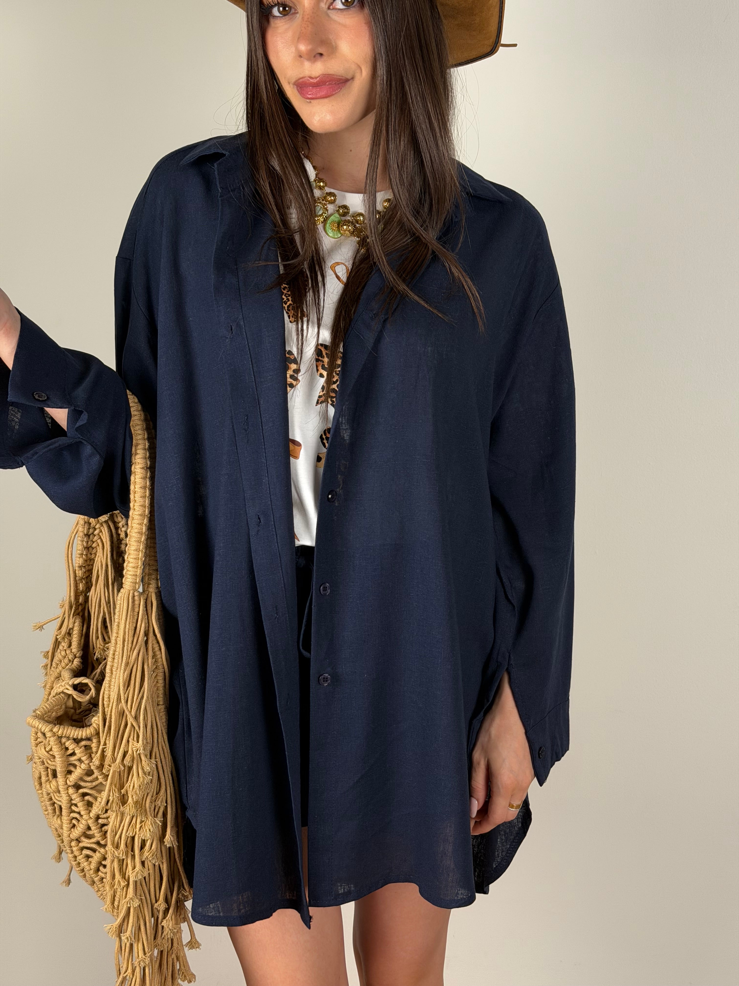 Completo lino maxi camicia + Short blu