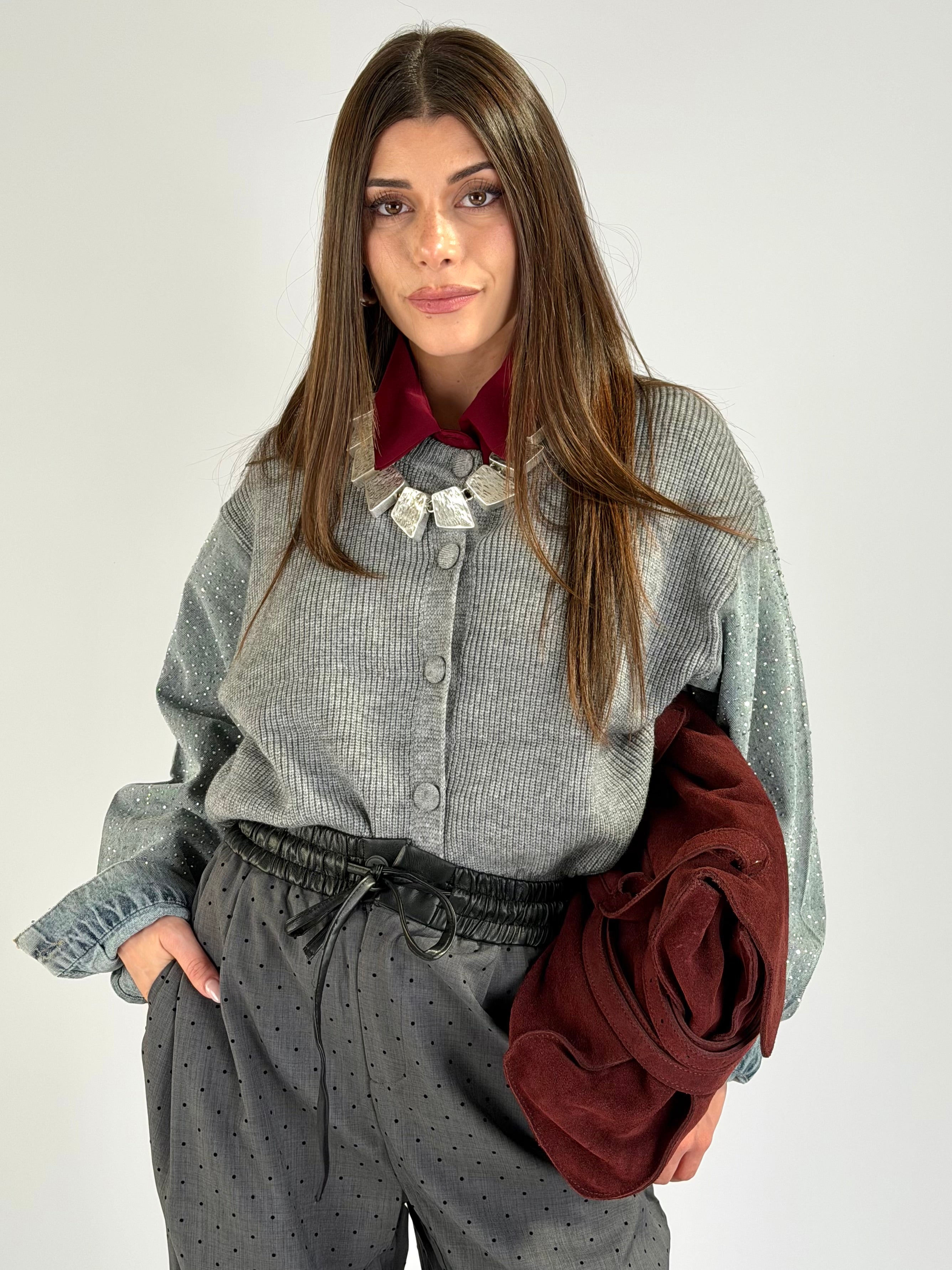 Maglia maniche denim zirconi grigio