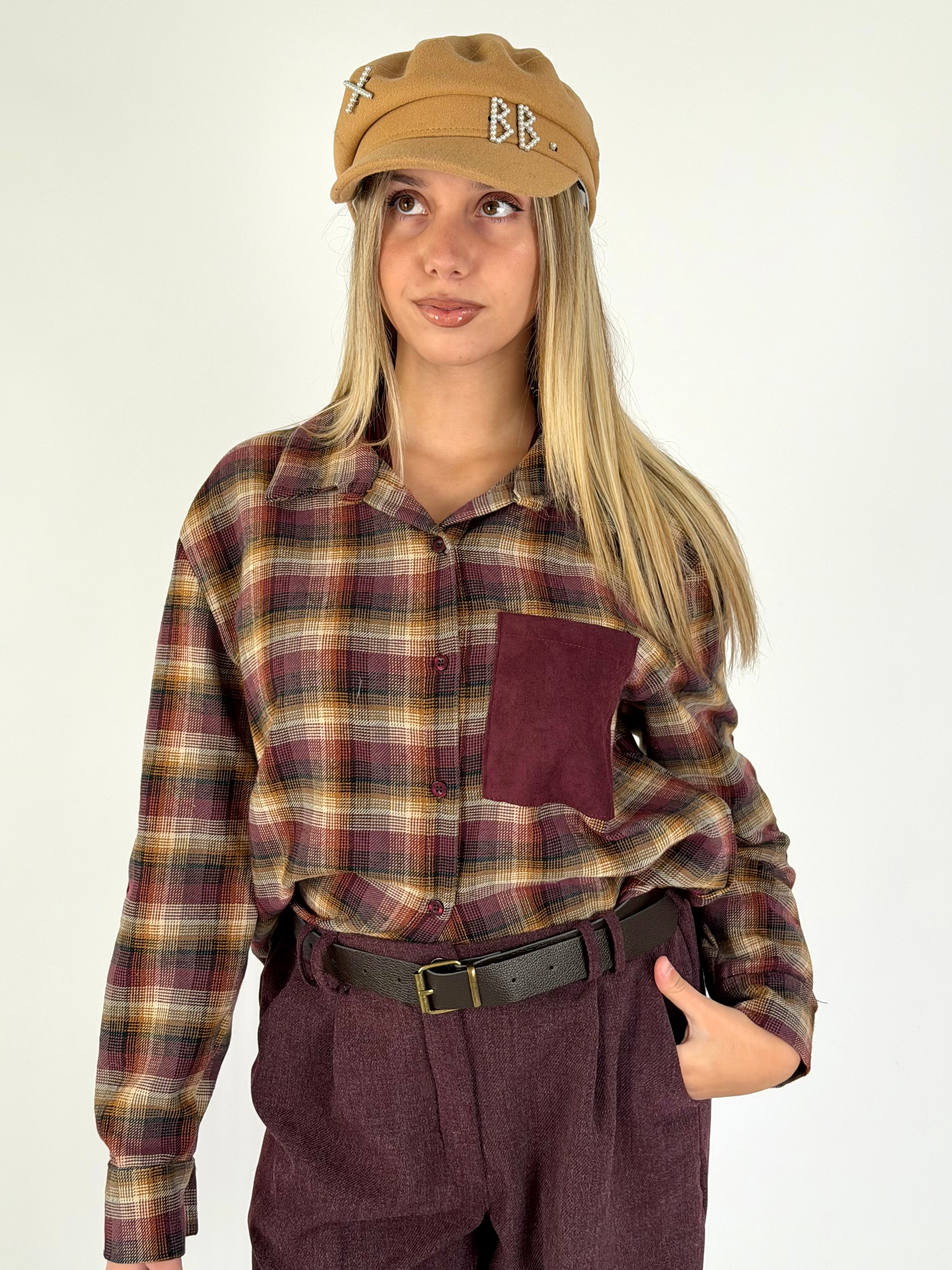 Camicia check taschino scamosciato bordeaux
