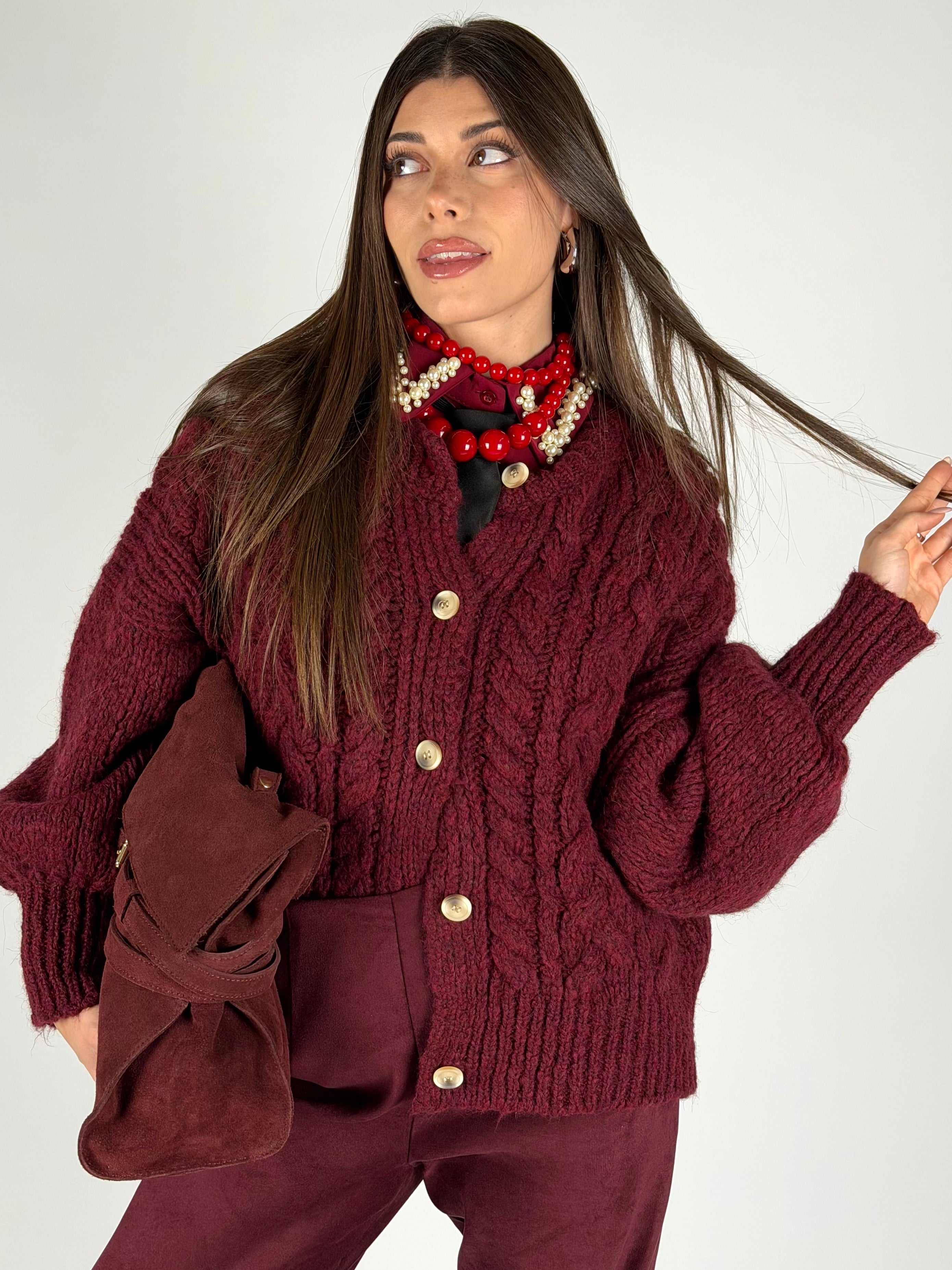 Maglia Cardigan bottoni treccia bordeaux