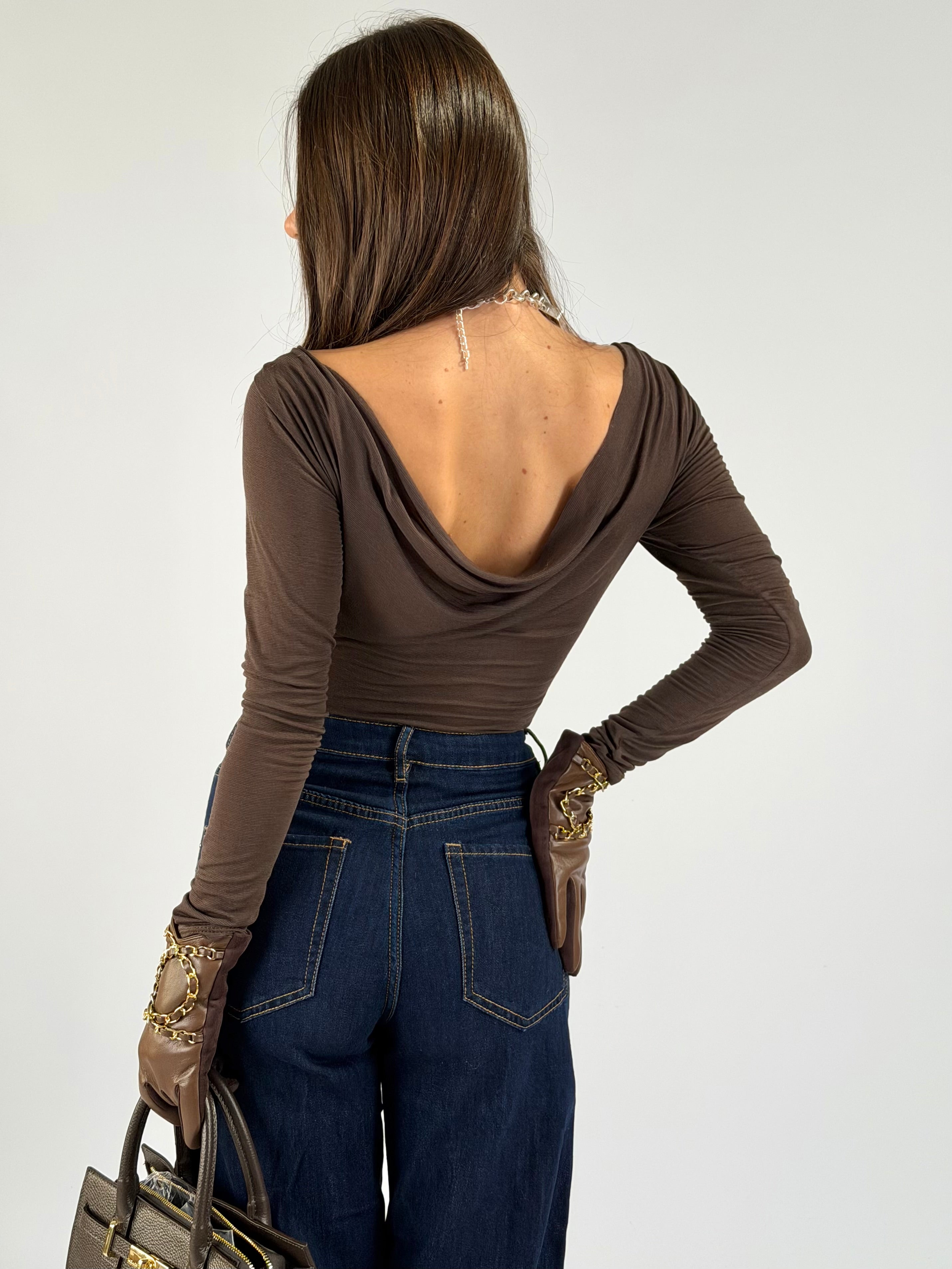 Maglia scollo retro marrone