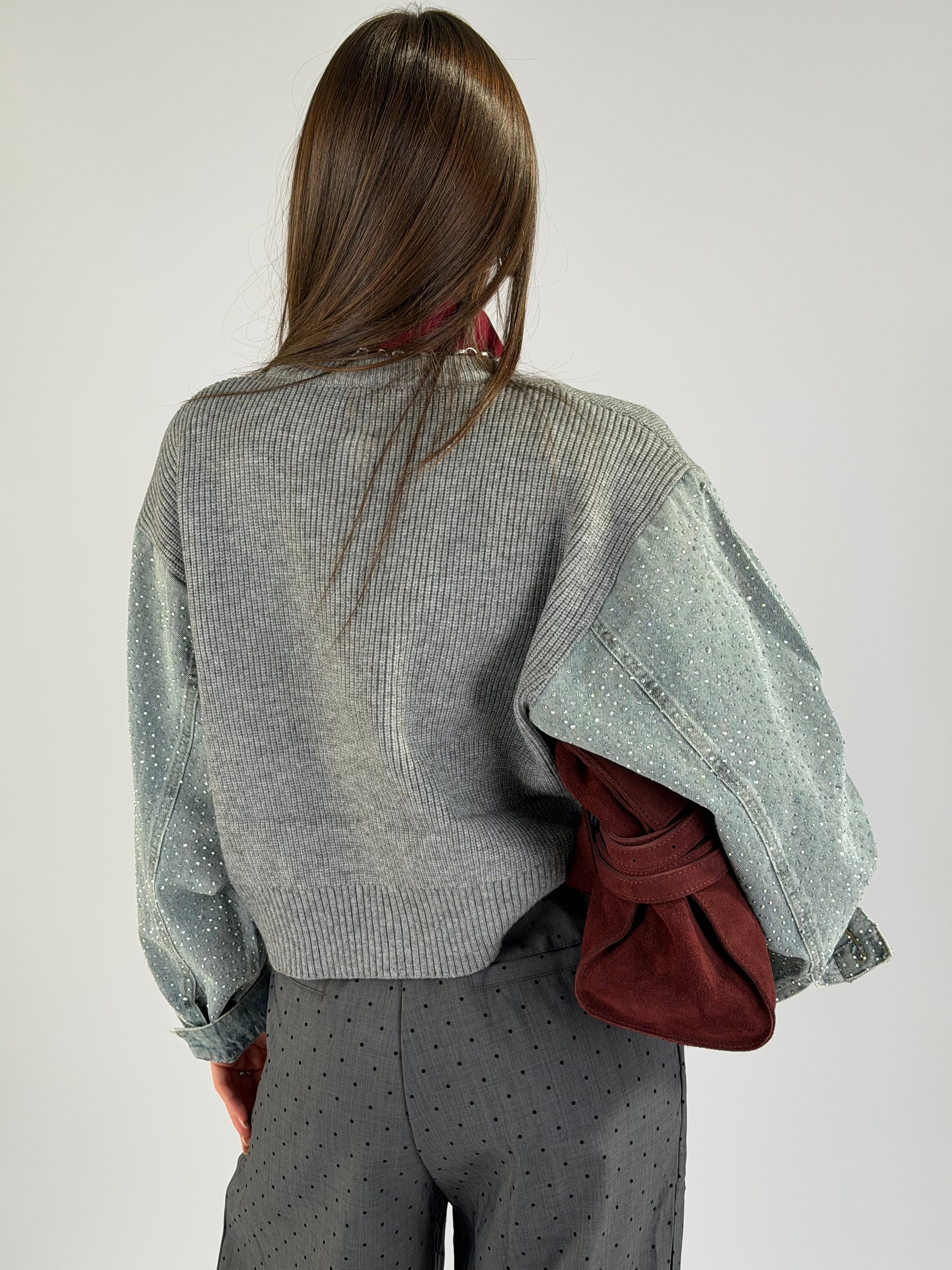 Maglia maniche denim zirconi grigio