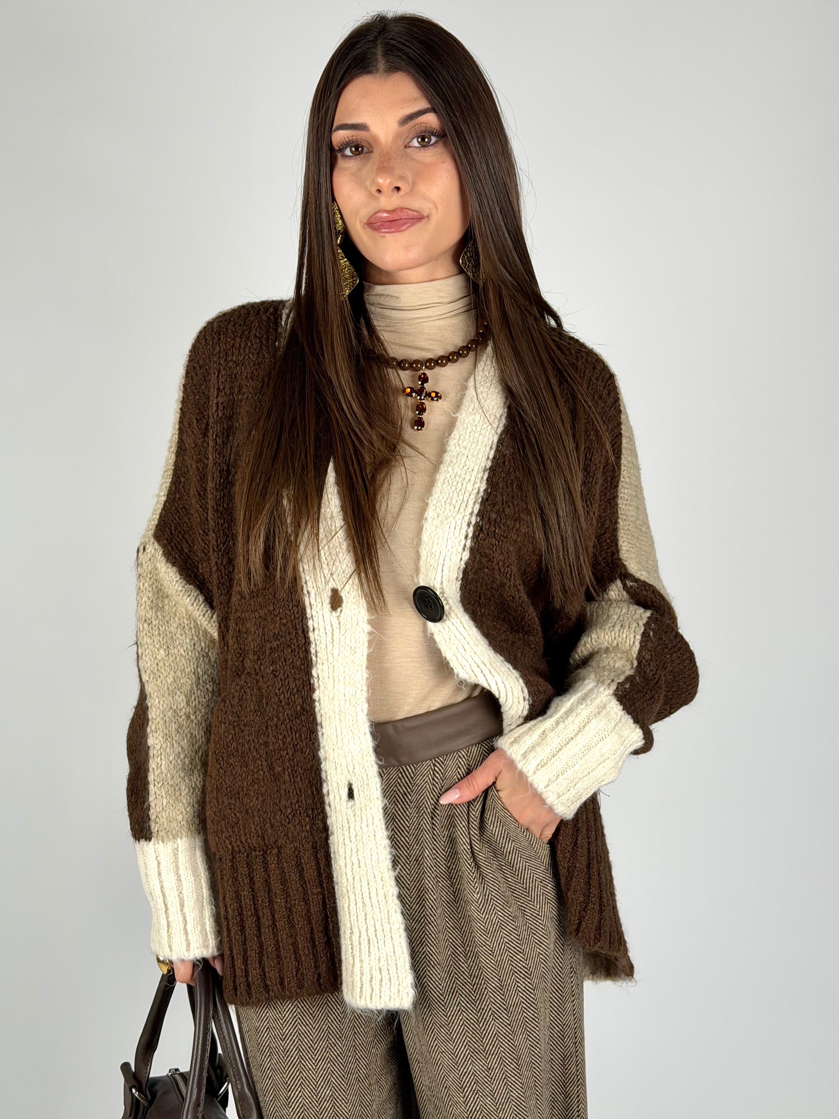 Cardigan due colori moro