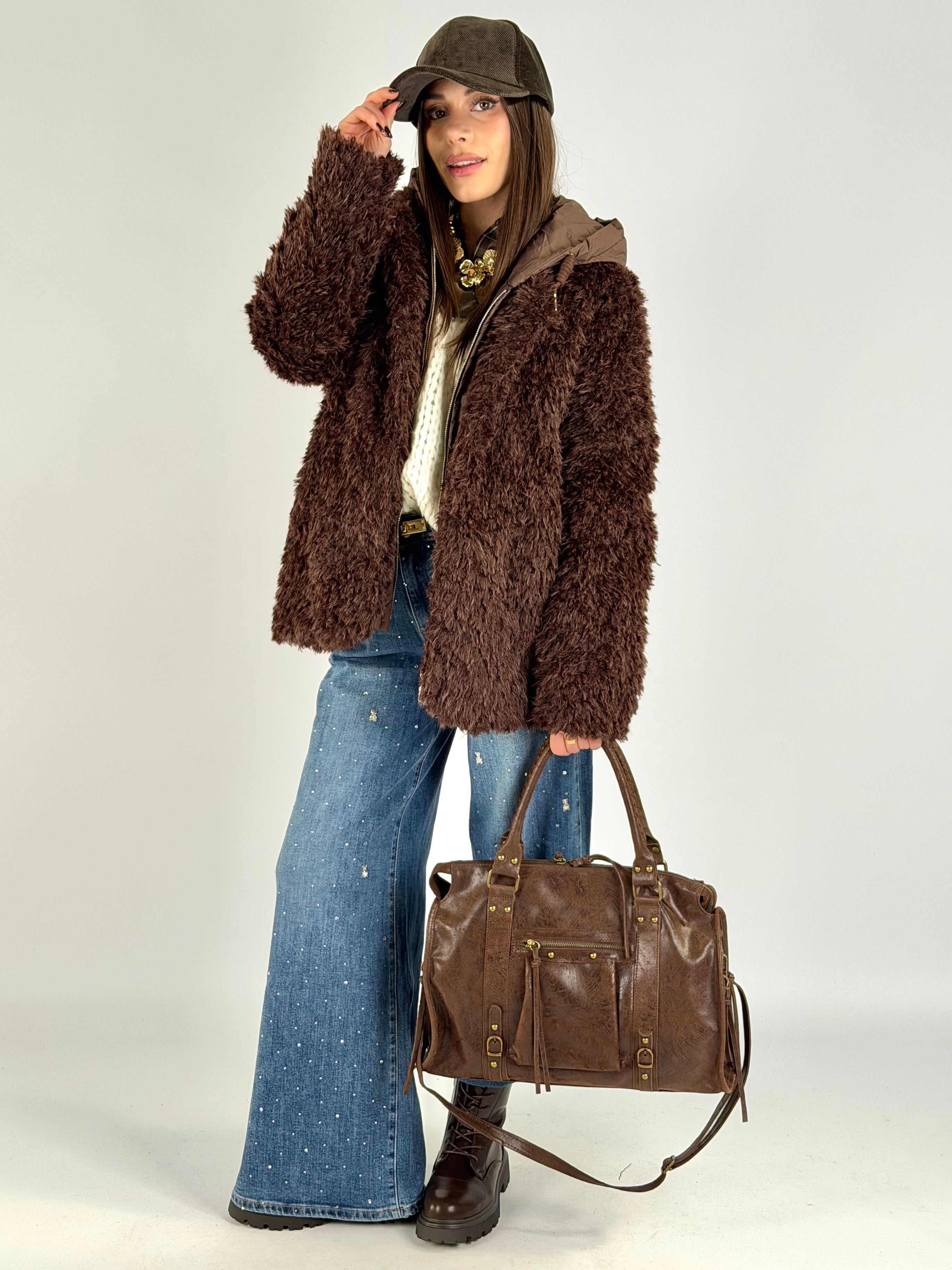 Piumino teddy con cappuccio moro