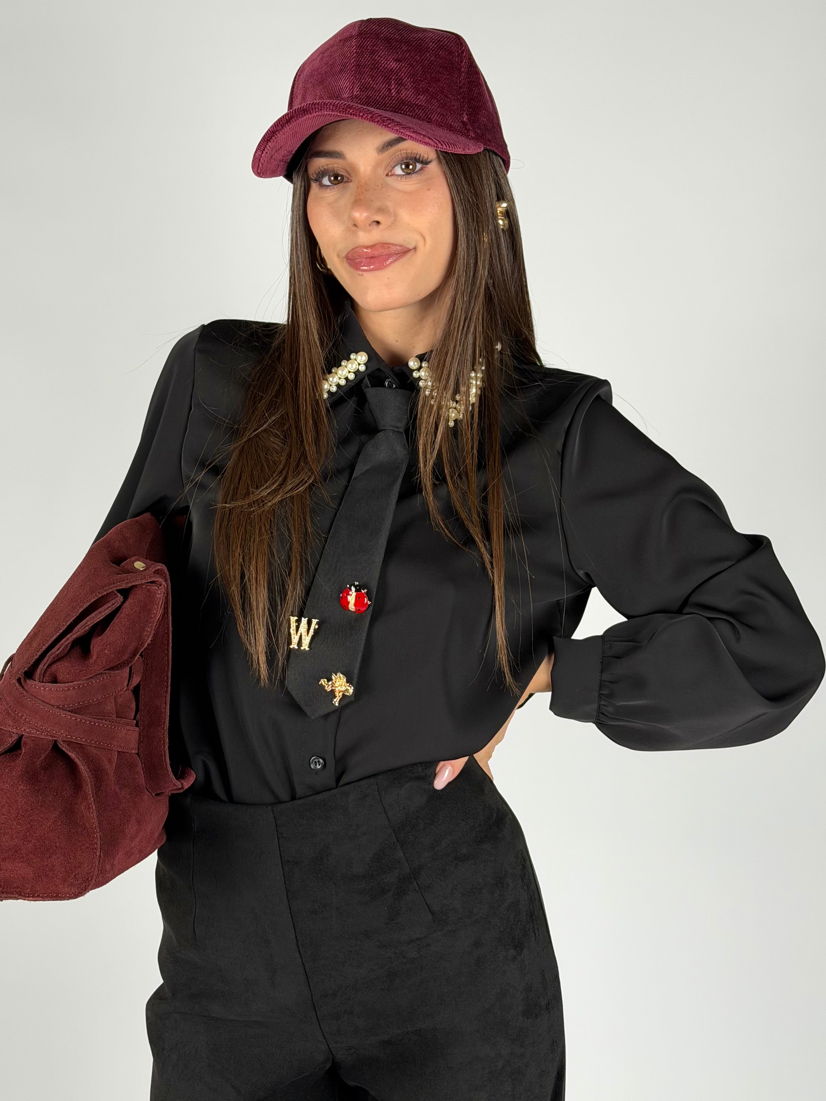 Camicia colletto perle nero