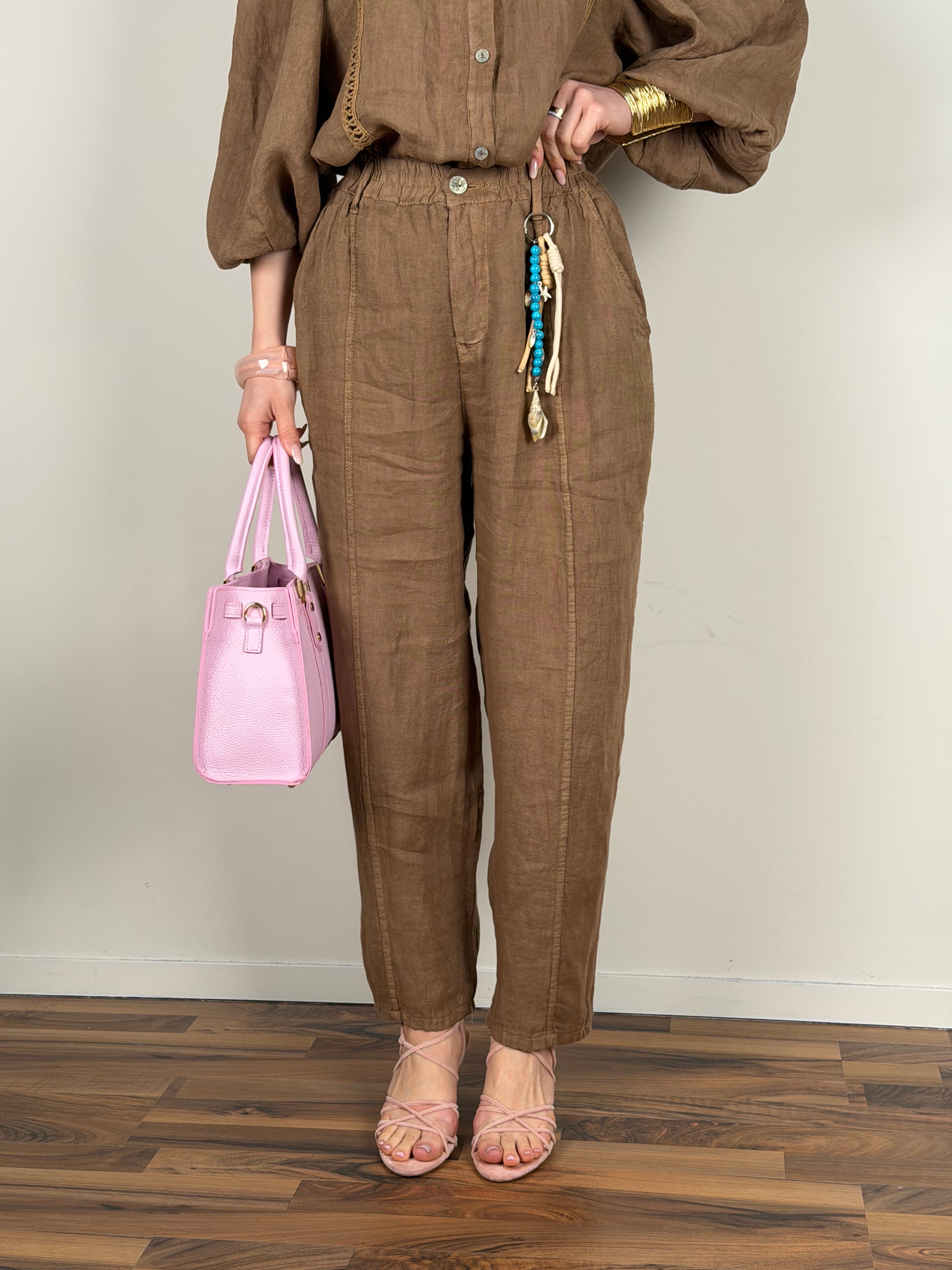 Pantalone Nicole puro lino tabacco