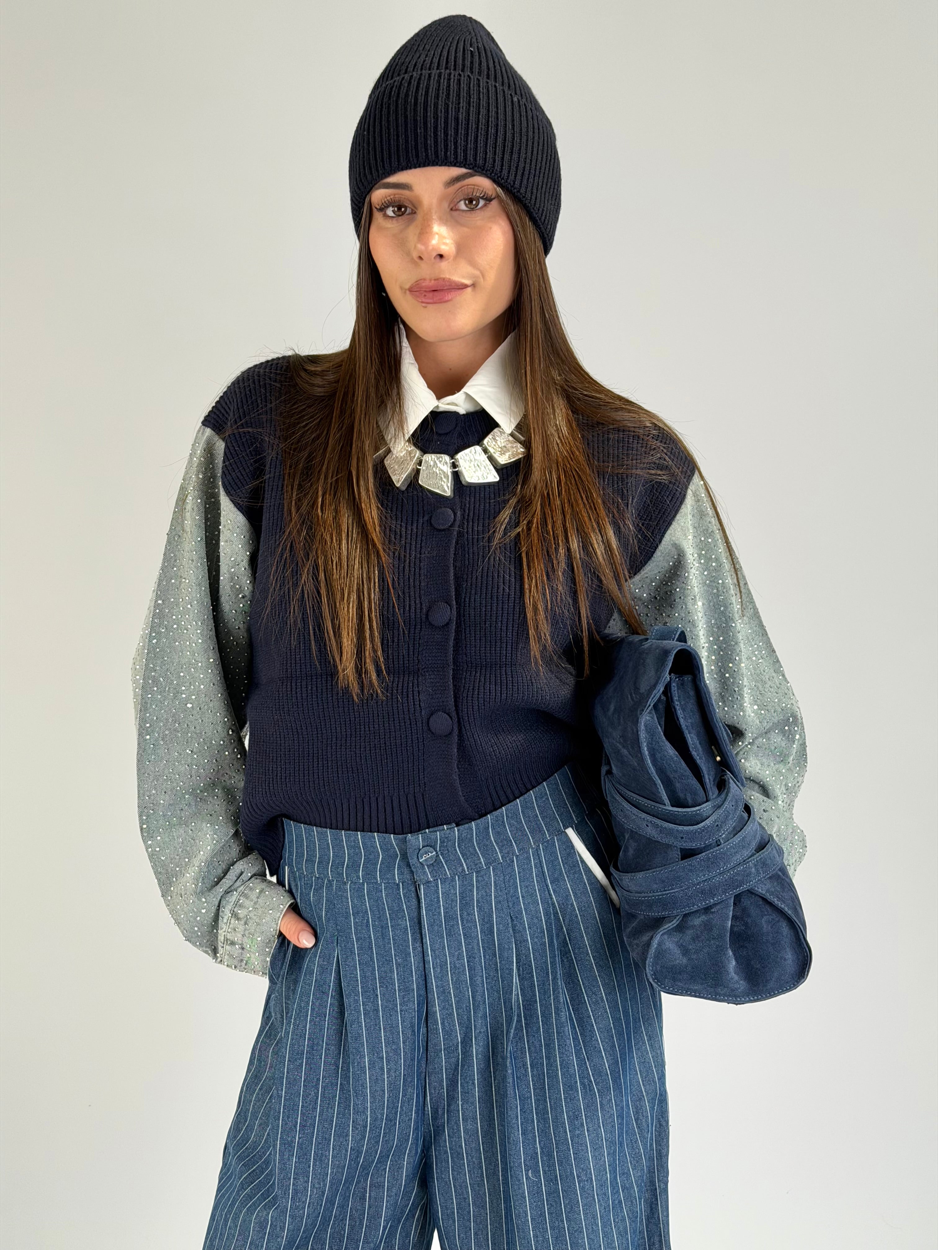 Maglia maniche denim zirconi blu