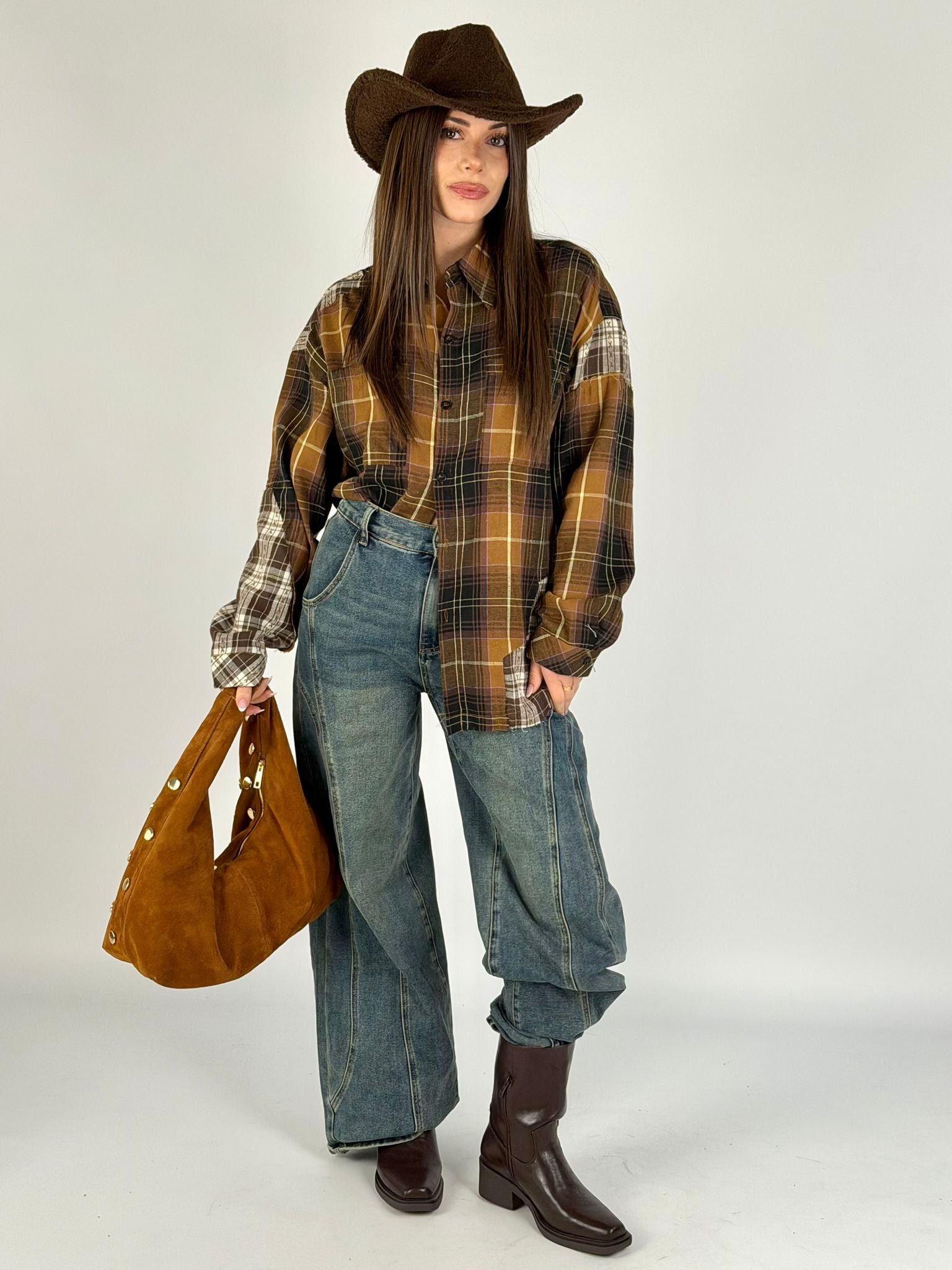 Camicia check doppia fantasia tabacco