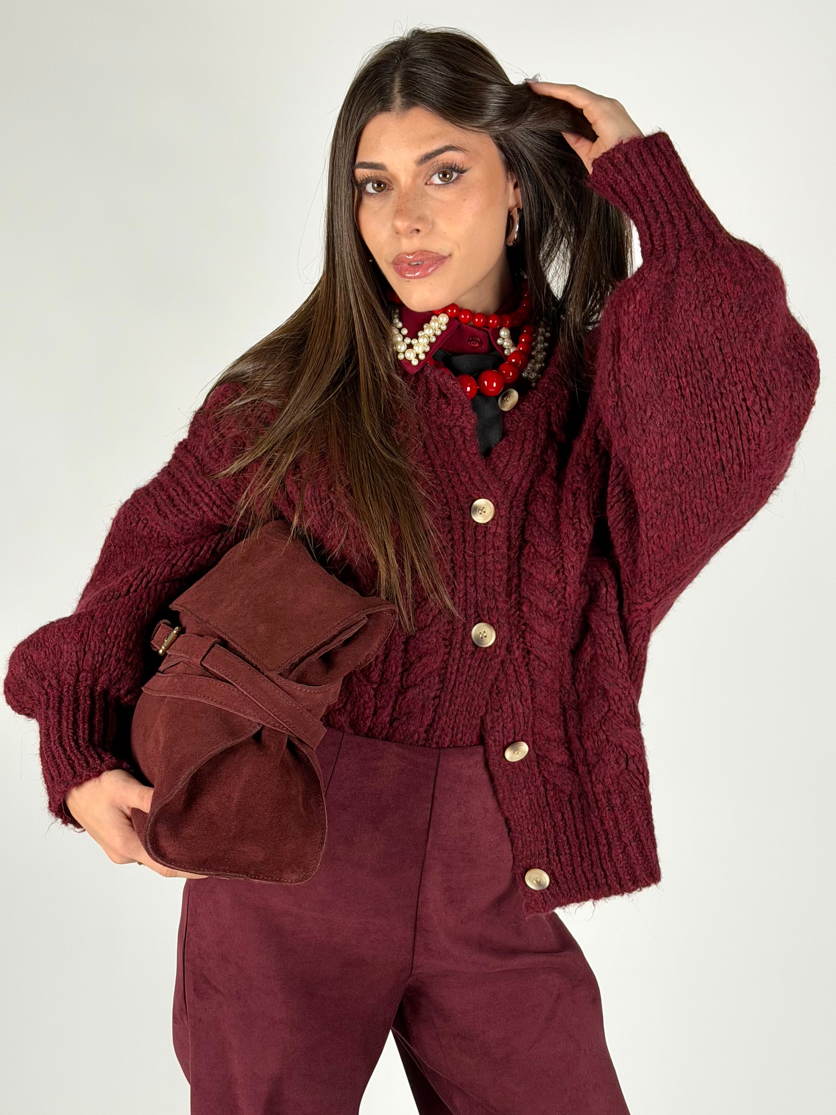 Maglia Cardigan bottoni treccia bordeaux