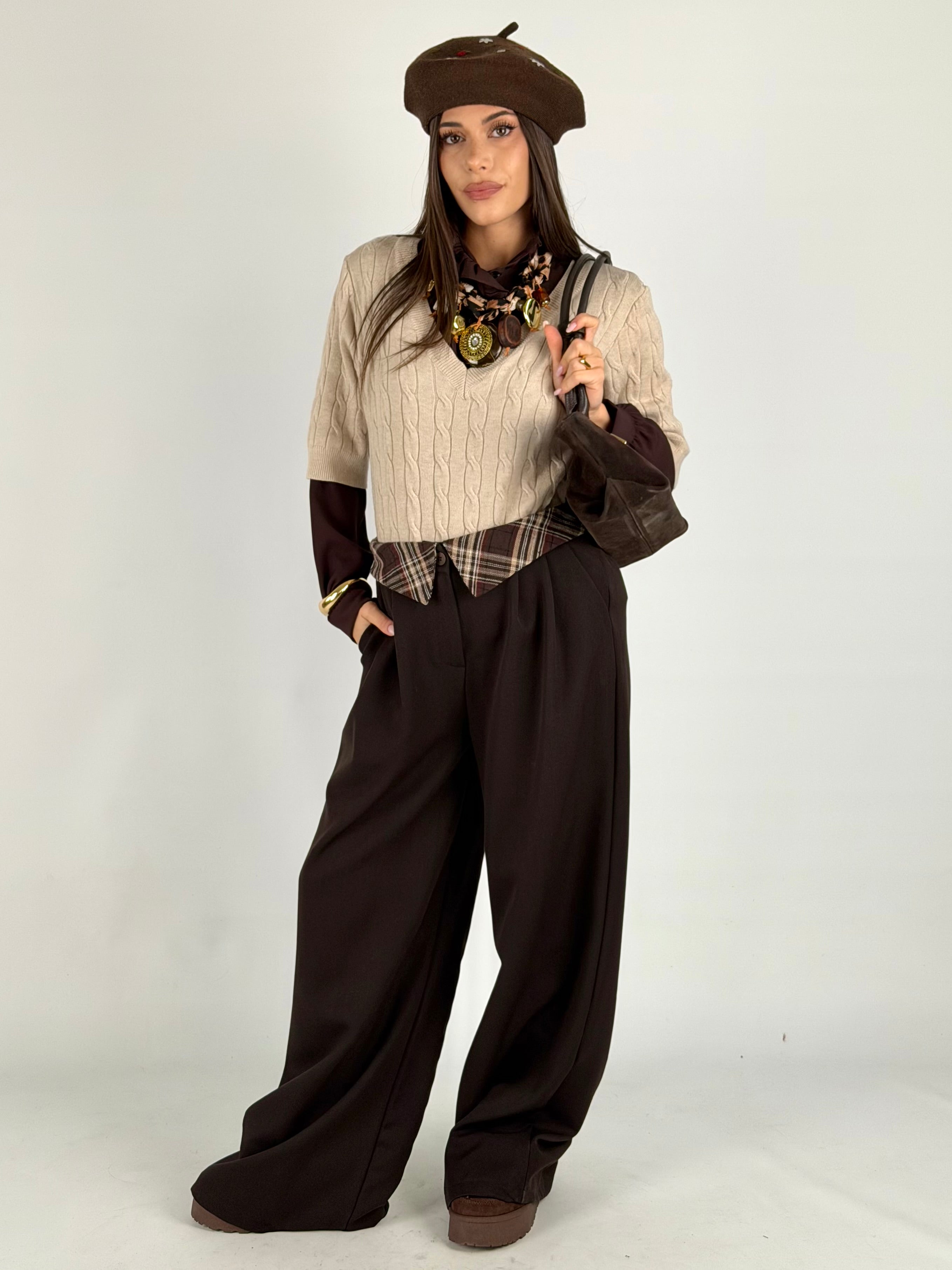 Pantalone risvolto check moro