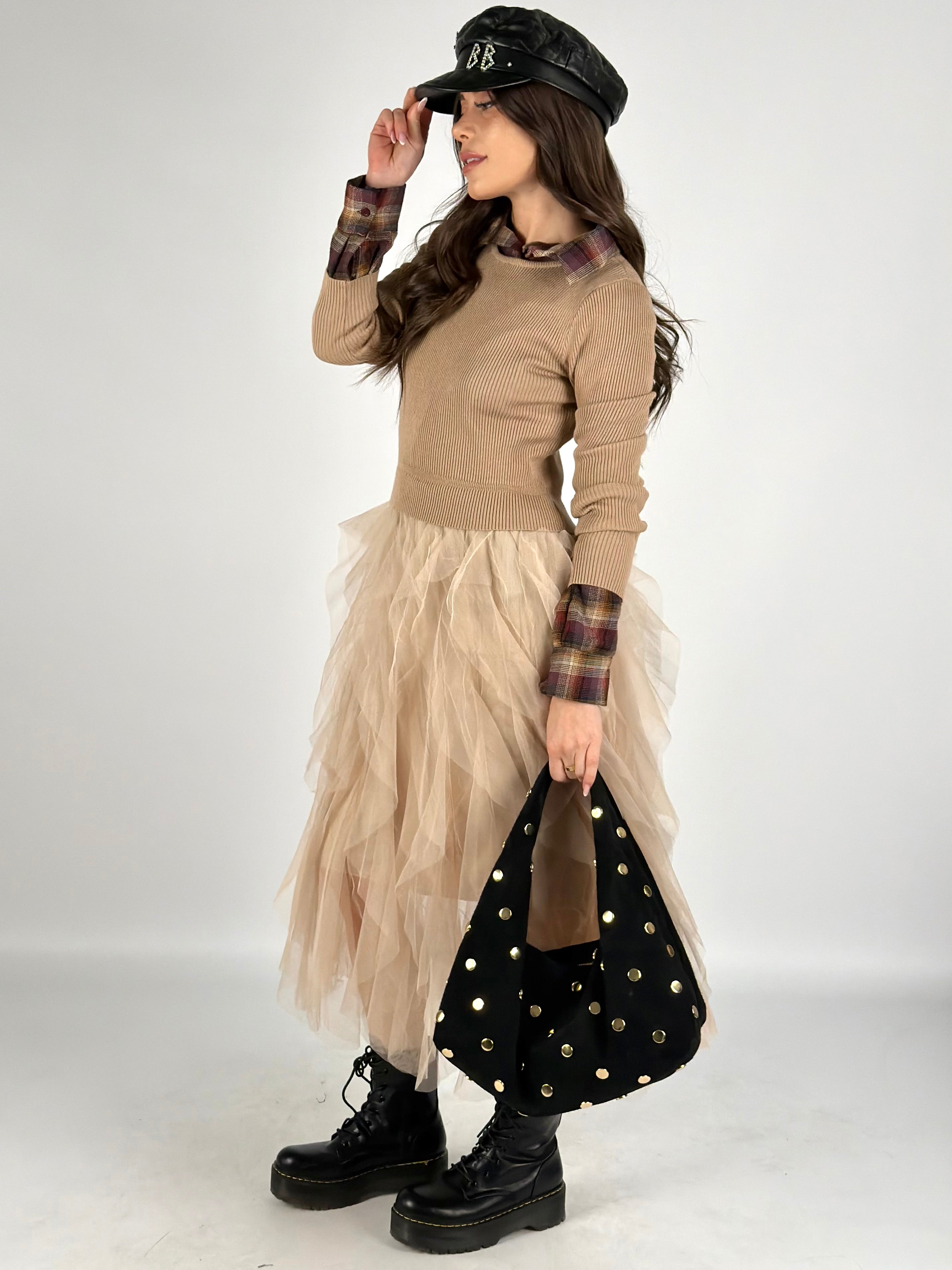 Abito tulle manica lunga beige