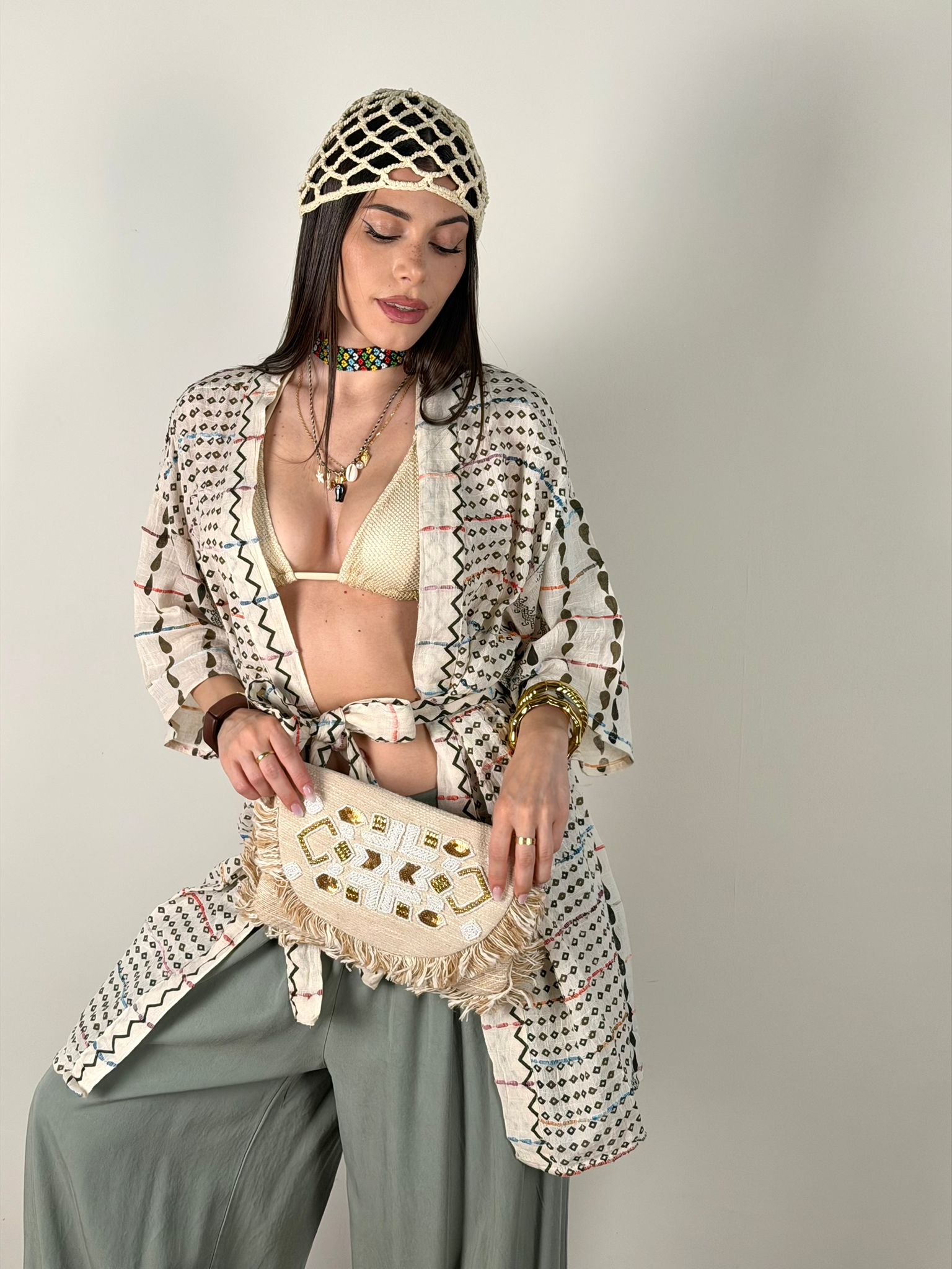 Kimono ricami beige verde
