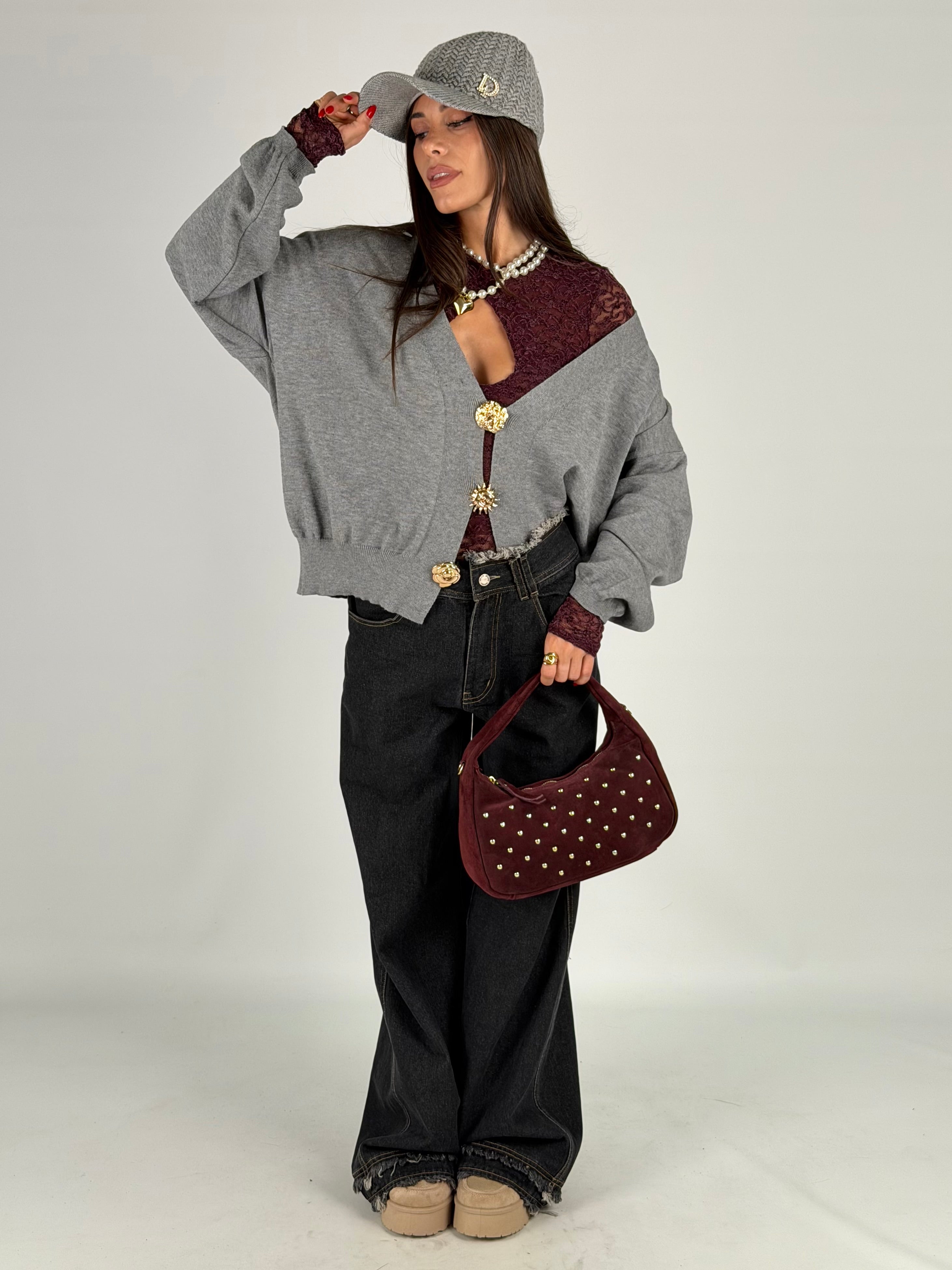 Cardigan bottoni gioiello grigio