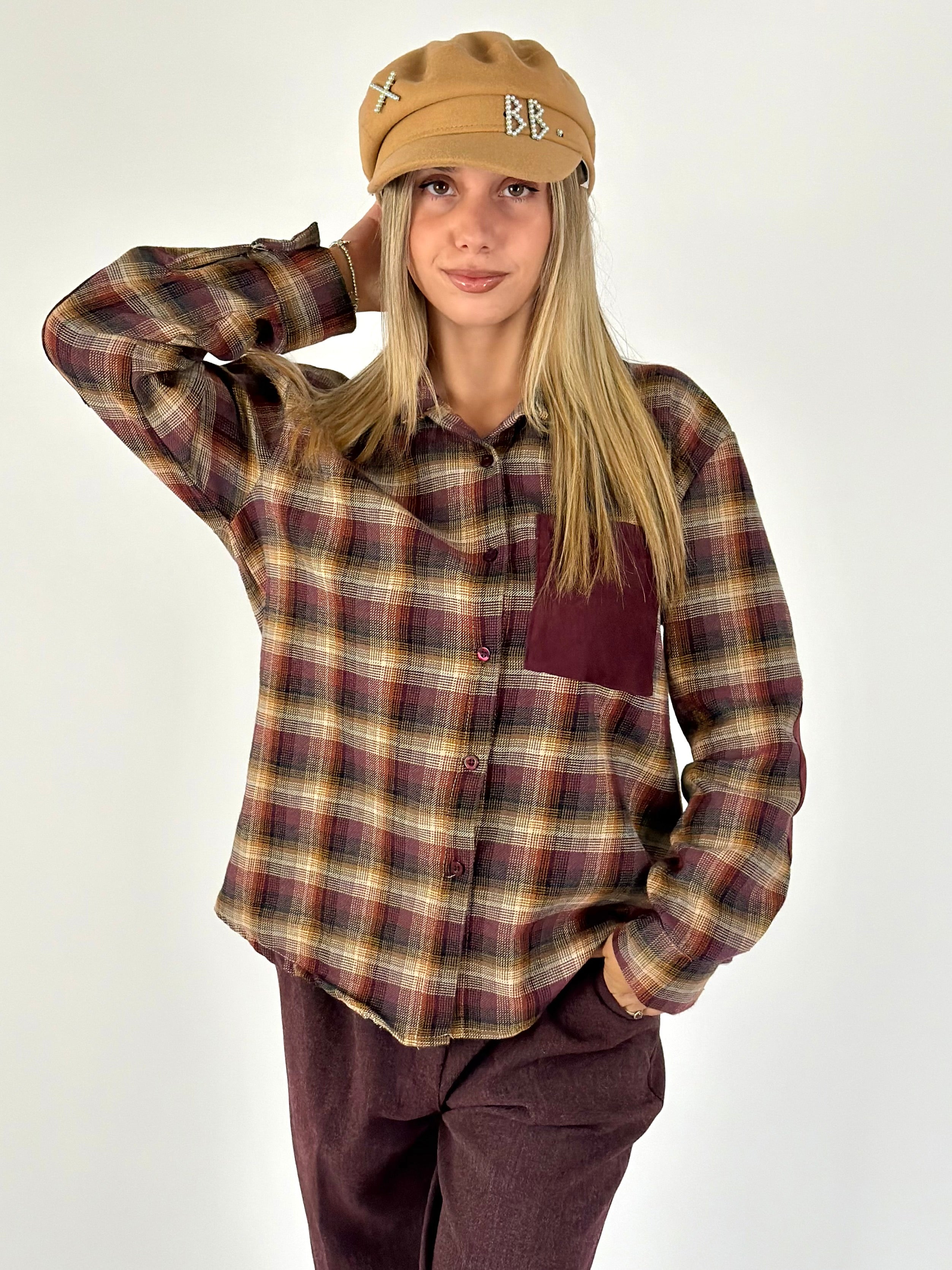 Camicia check taschino scamosciato bordeaux