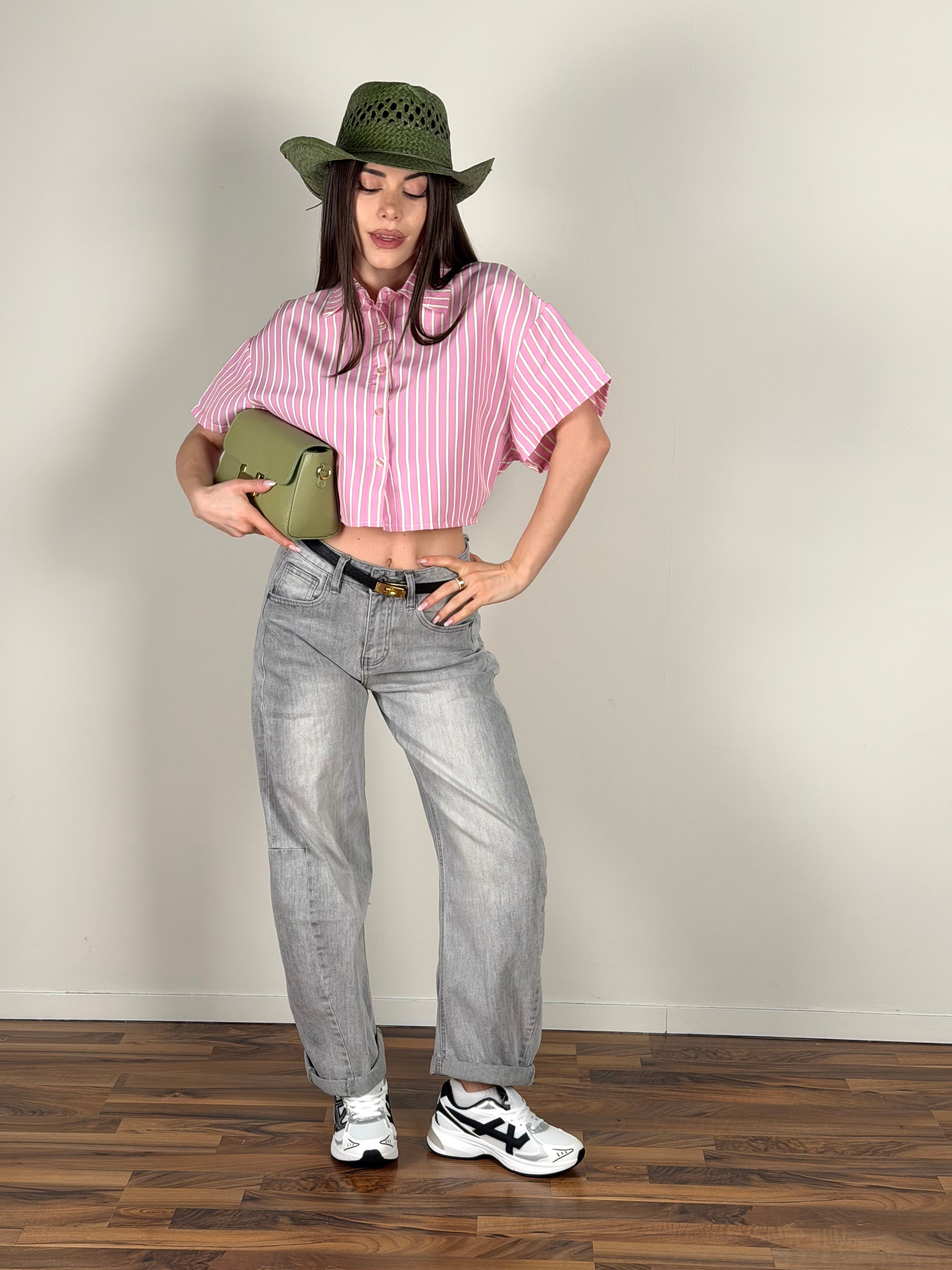 Camicia gessata fiocco rosa