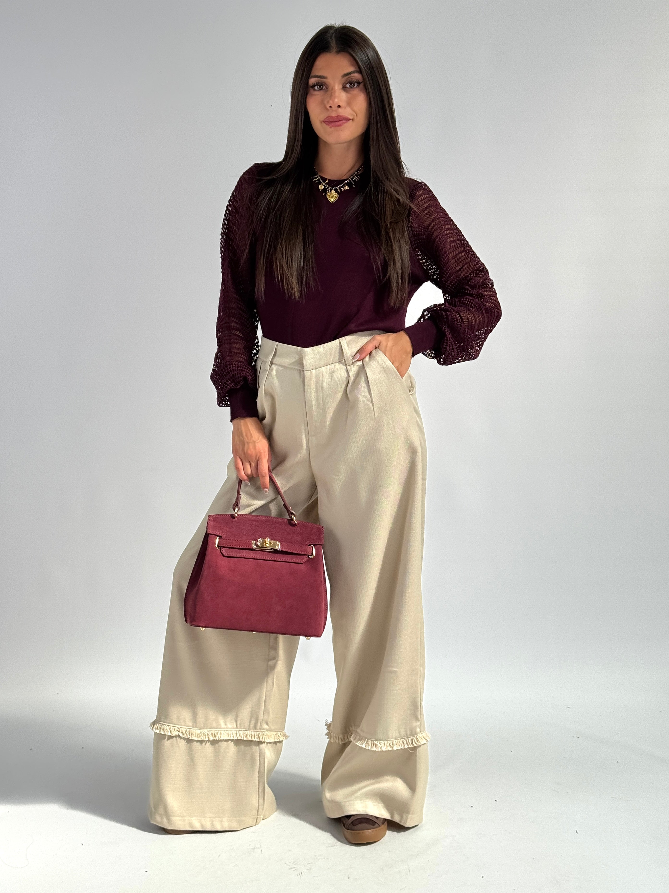 Pantalone risvolto sfrangiato beige