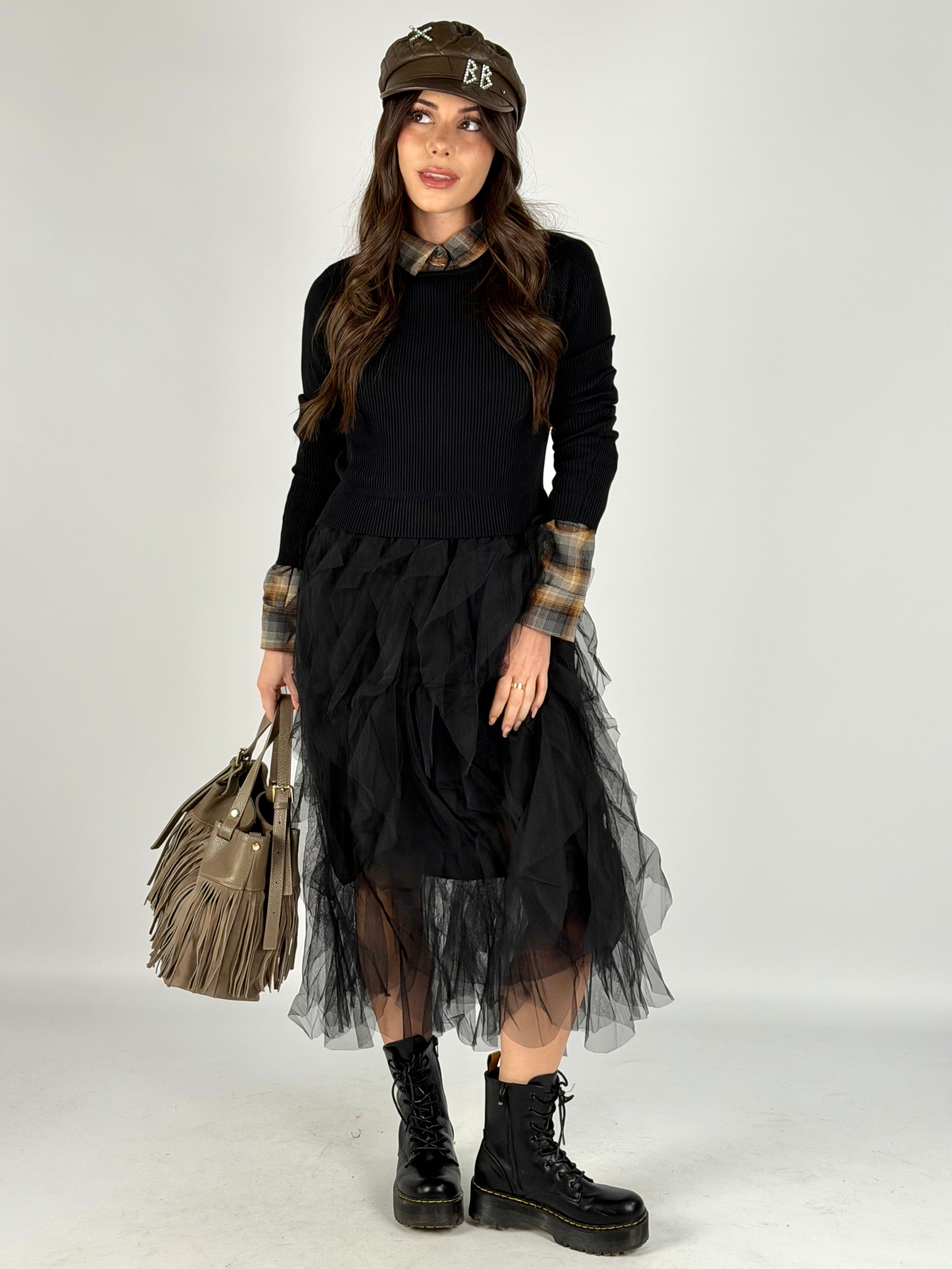 Abito tulle manica lunga nero