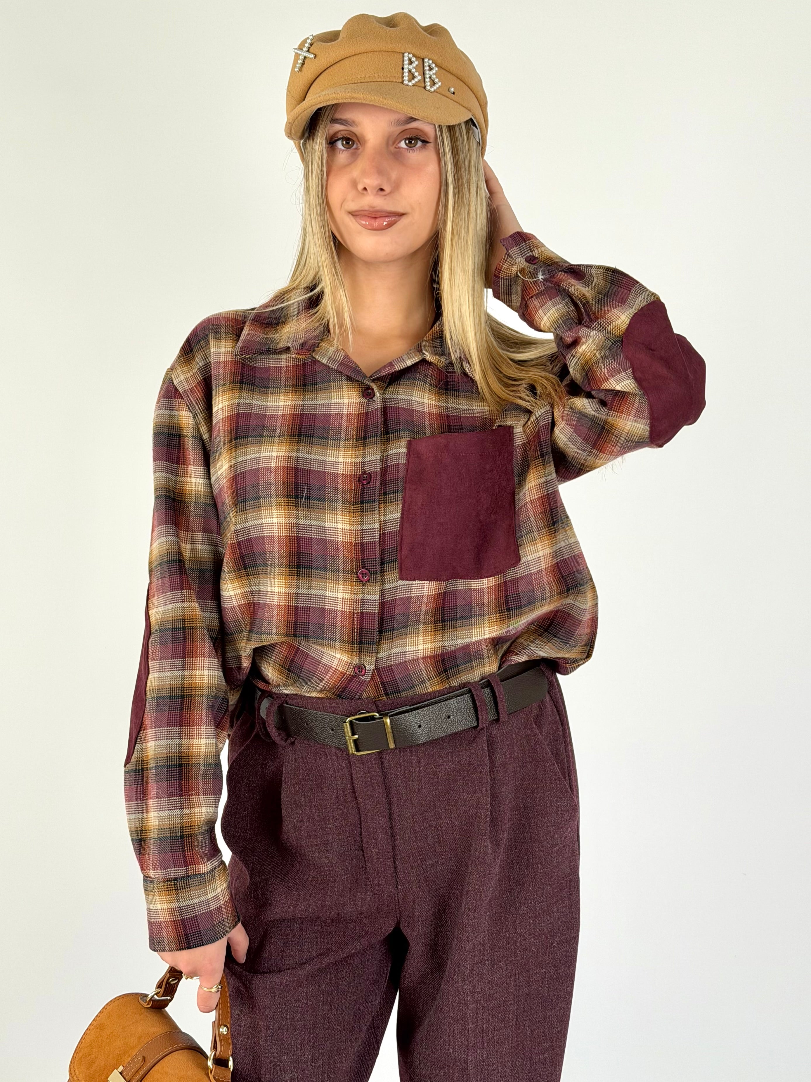 Camicia check taschino scamosciato bordeaux