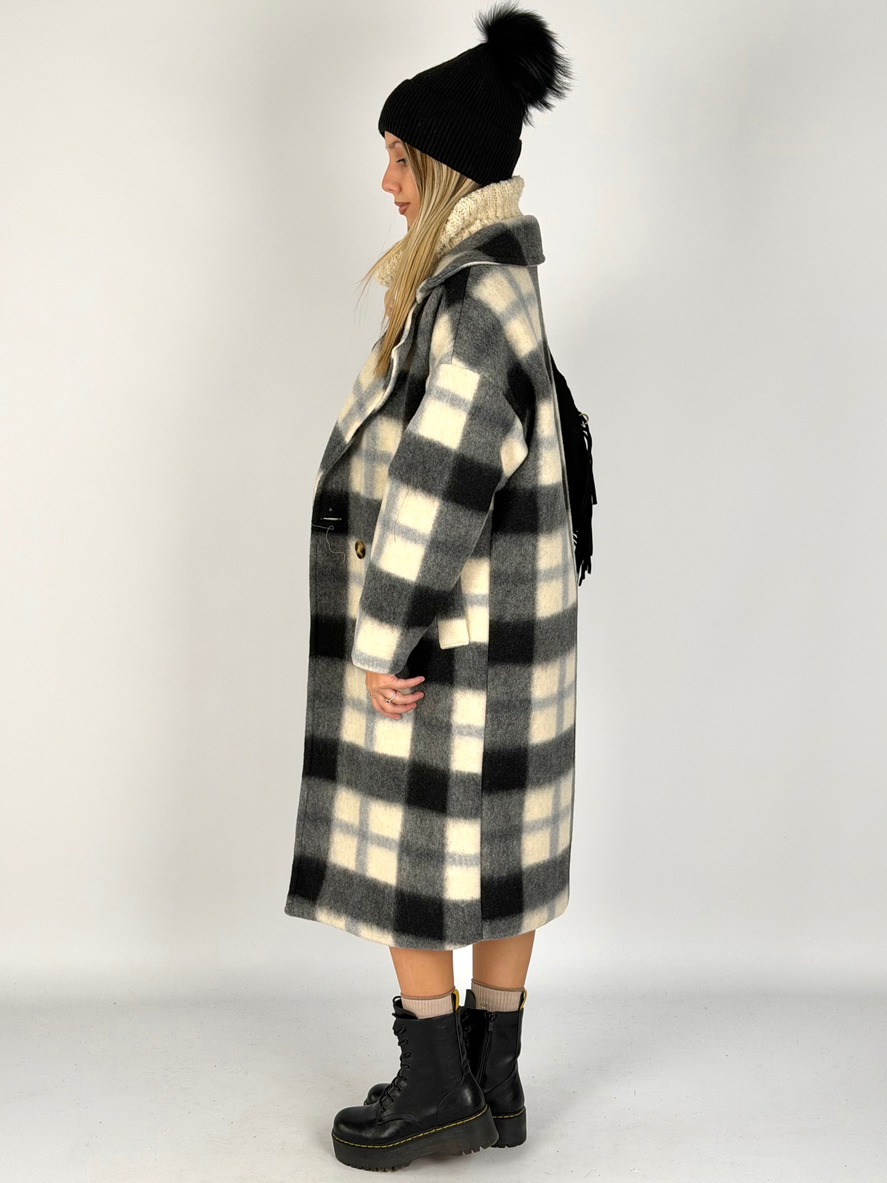 Maxi cappotto check lungo nero