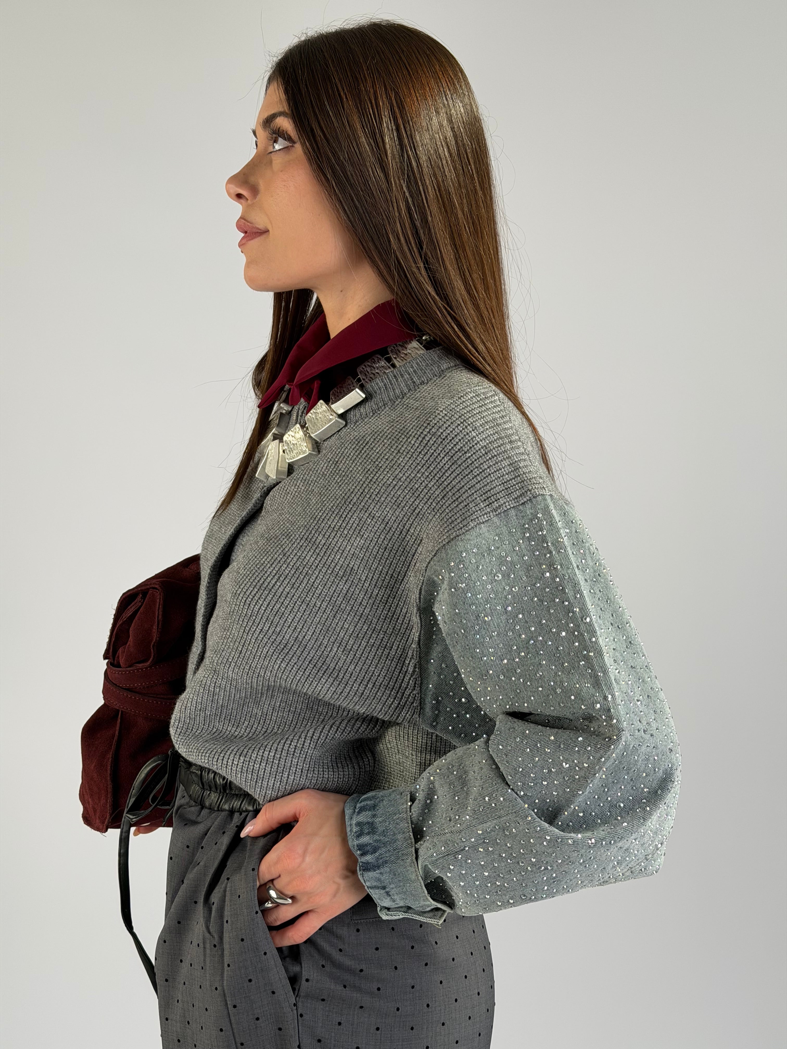 Maglia maniche denim zirconi grigio